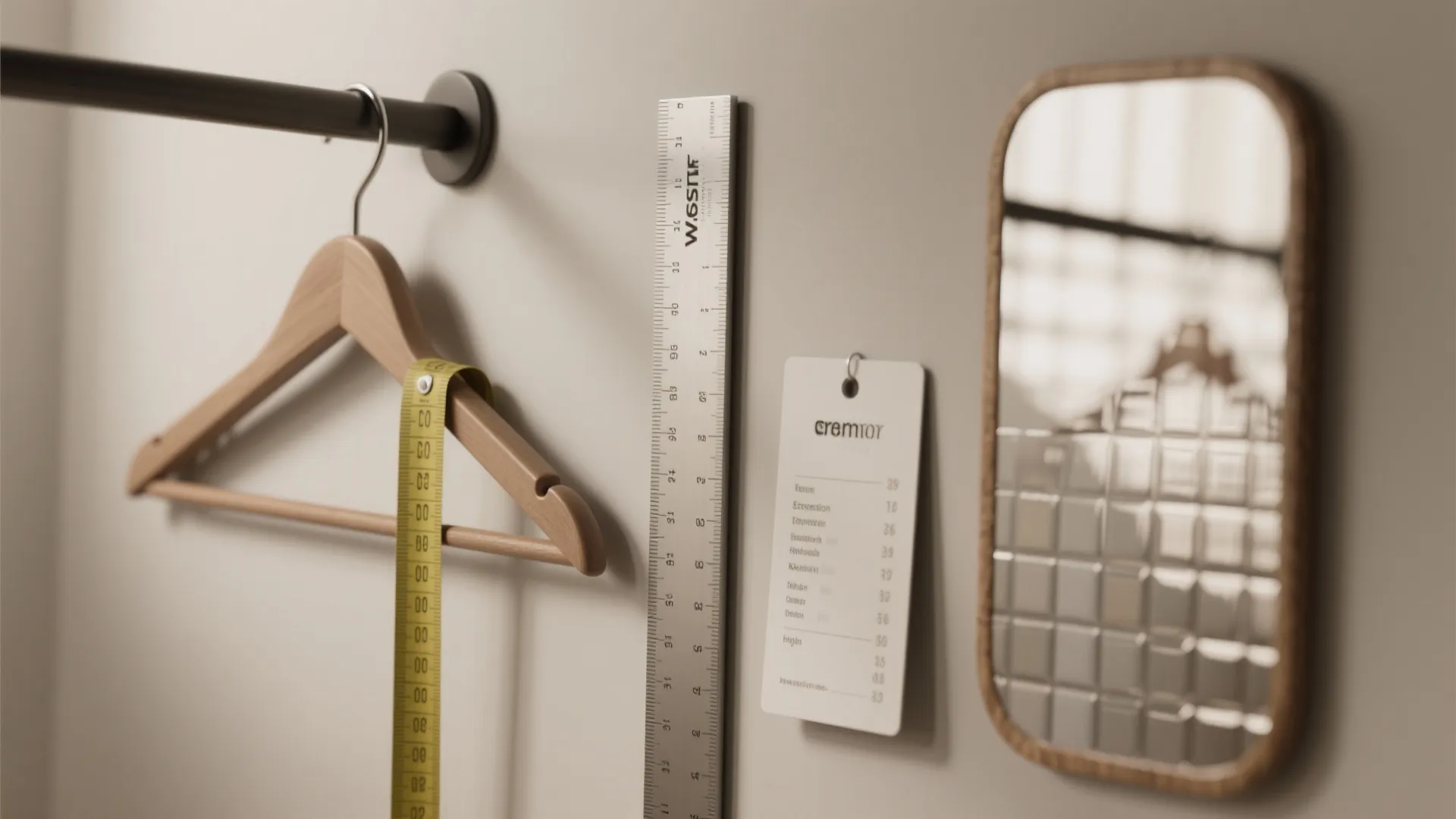Wooden clothes hanger with yellow measuring tape metal ruler small mirror and paper note on wall