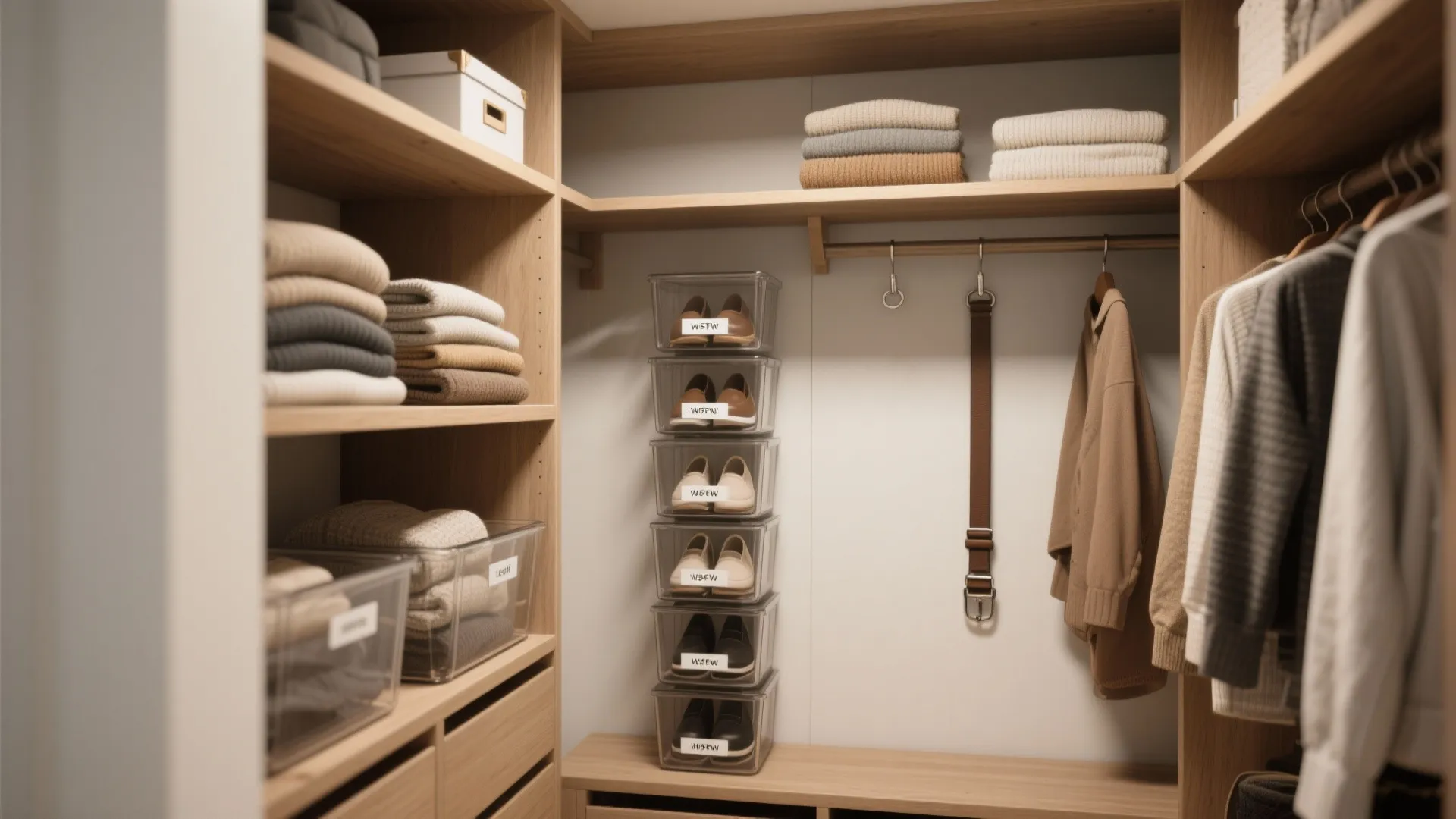 Well organized walk-in closet featuring wooden shelves with folded clothes clear shoe boxes and hanging coats