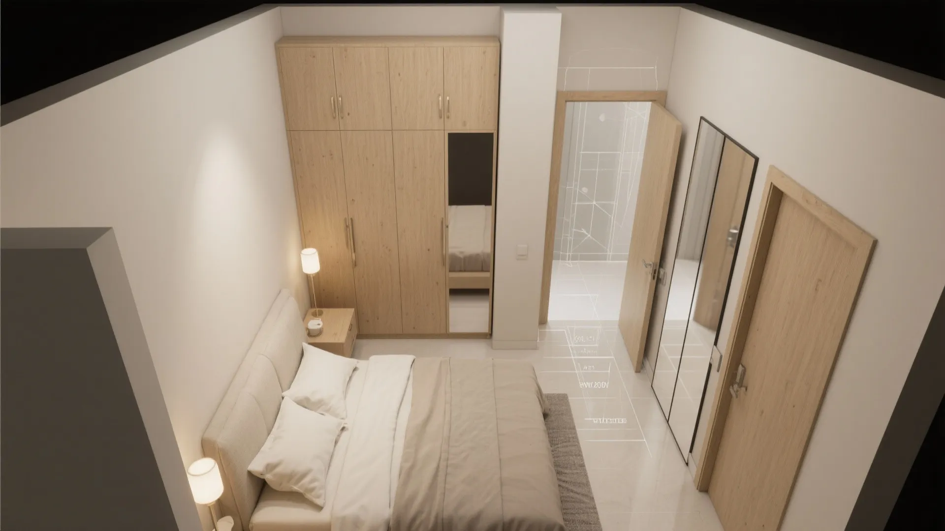 Top view of bedroom interior design drawing with bed wooden wardrobe and floor plan lines