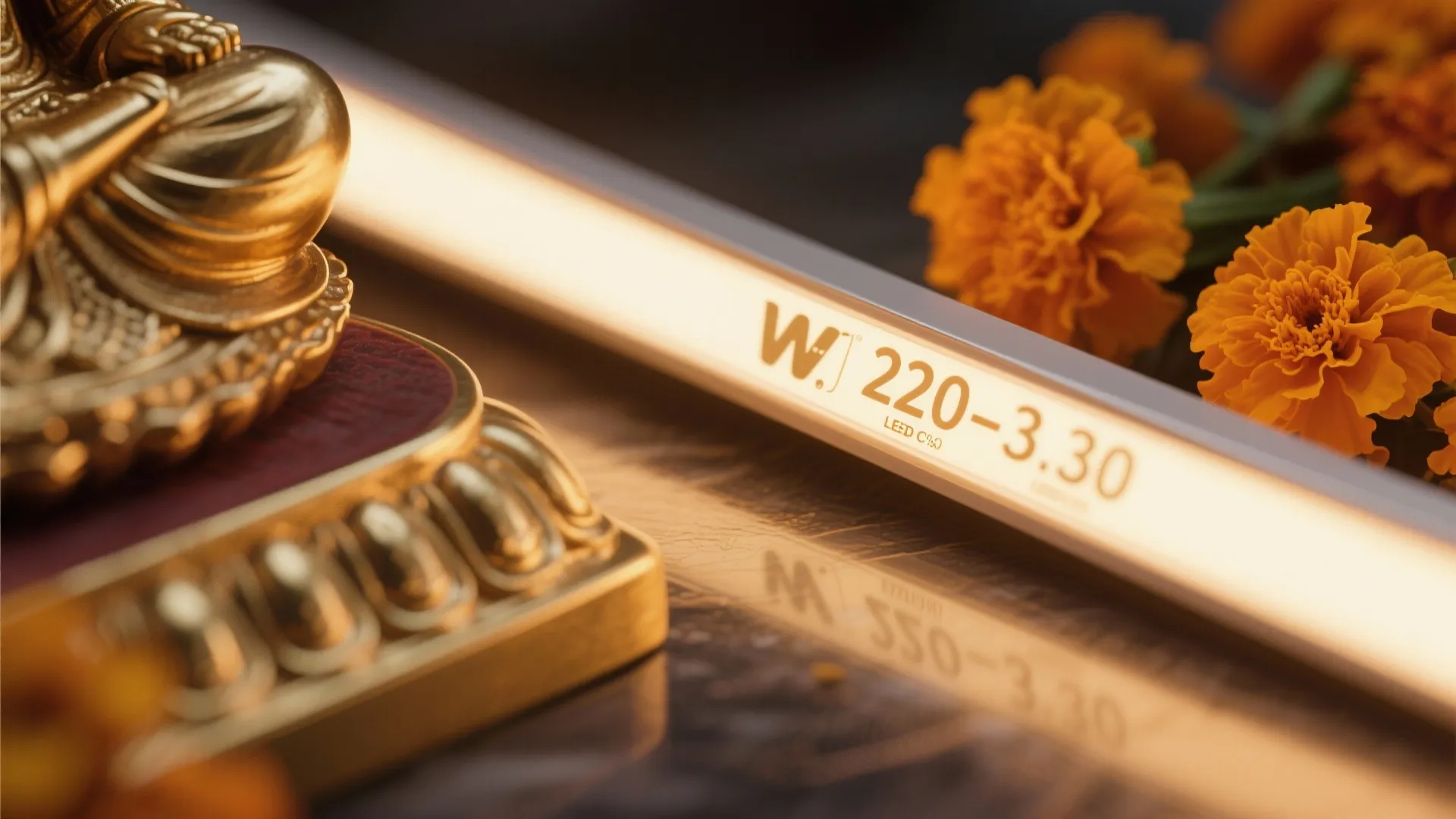 Close up of warm light fixture strip next to golden statue and orange flower decorations