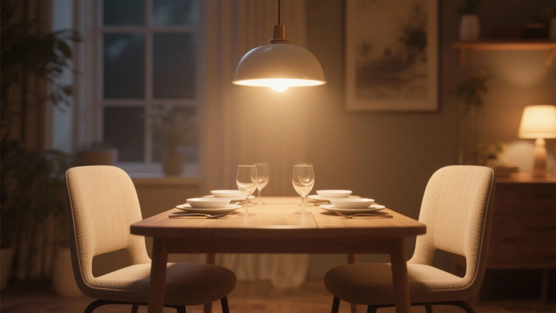 Warm dining room interior with wooden table and white ceiling light creating a cozy atmosphere