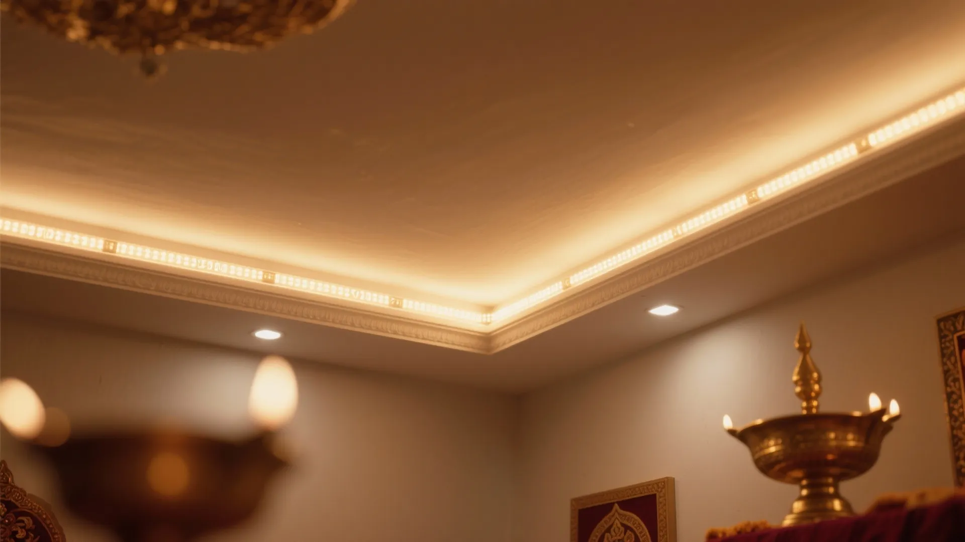 Macro of a recessed cove with warm white LED strip and diffuser, glowing near a brass diya.