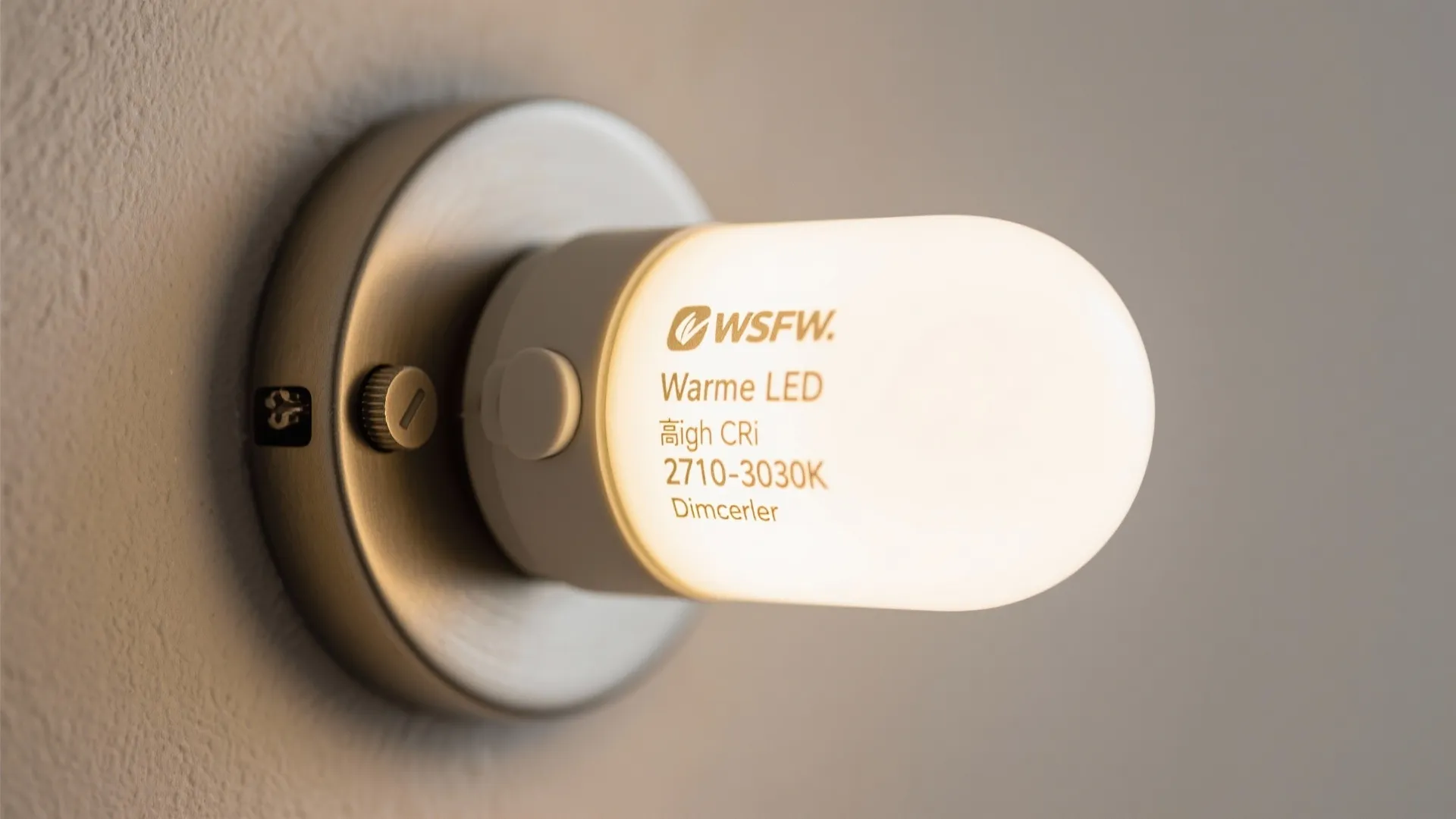 Close-up of warm-white LED and dimmer in a bedroom sconce, highlighting CRI and color temperature.