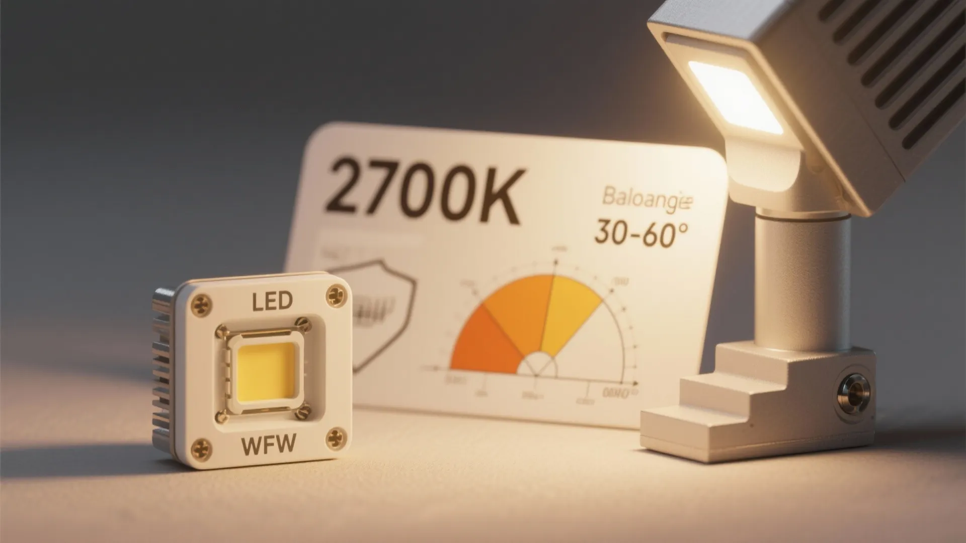 Macro of a 2700K LED and a beam angle guide beside a shielded step light illustrating glare control.