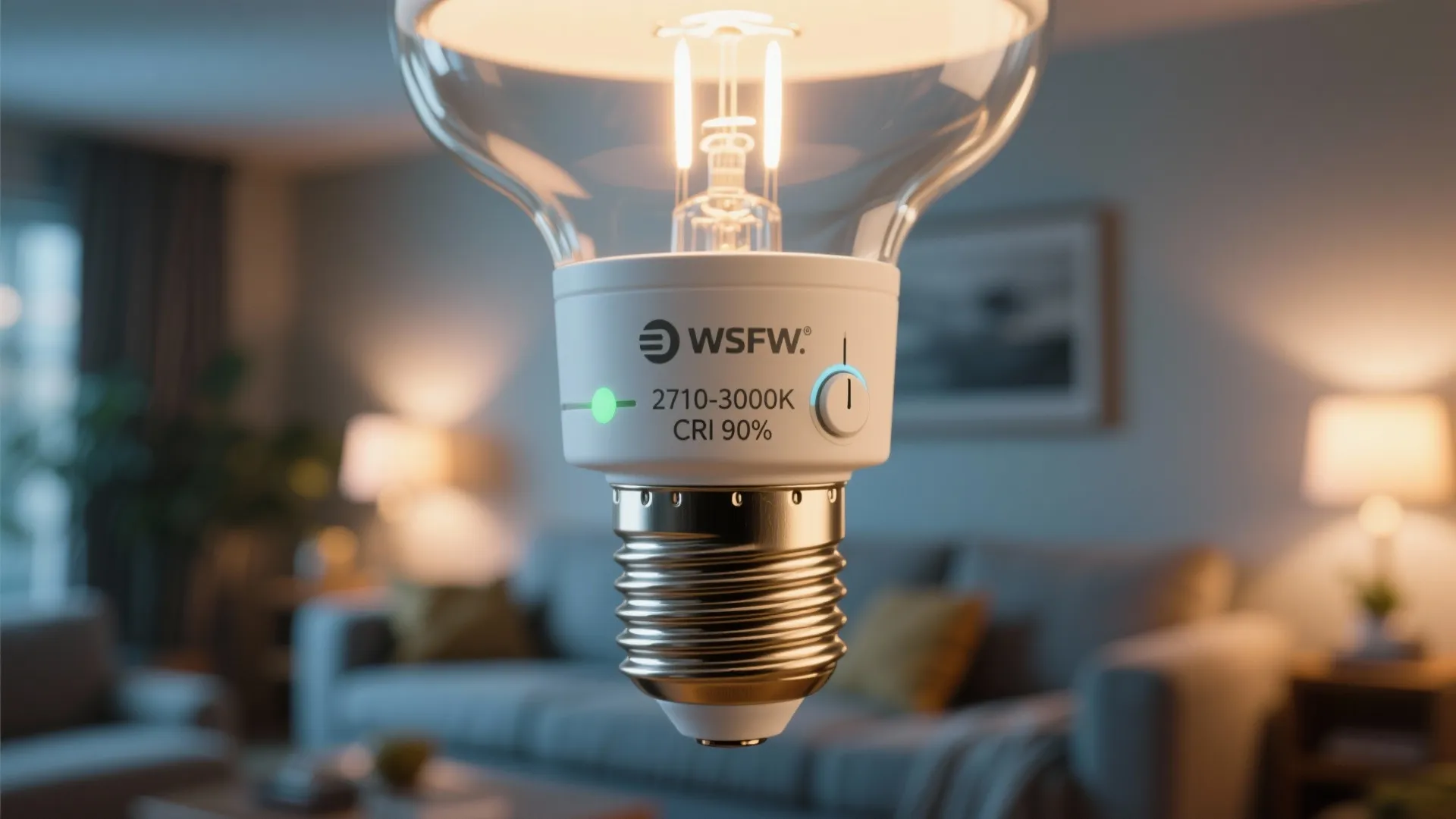 Close up of a smart light bulb with warm glow in a blurry living room
