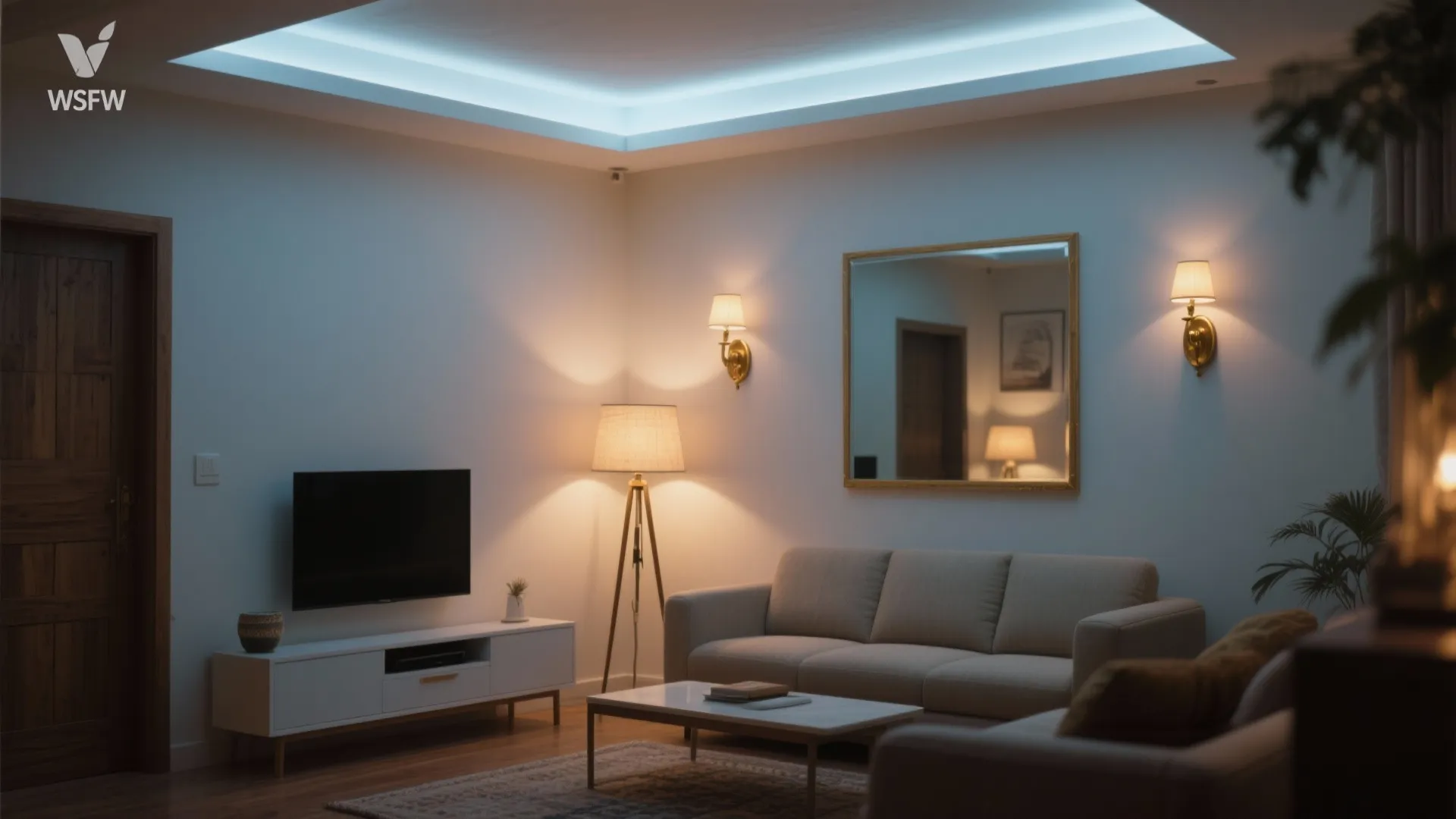 Modern living room with a beige sofa white cabinet floor lamp wall lights and blue ceiling