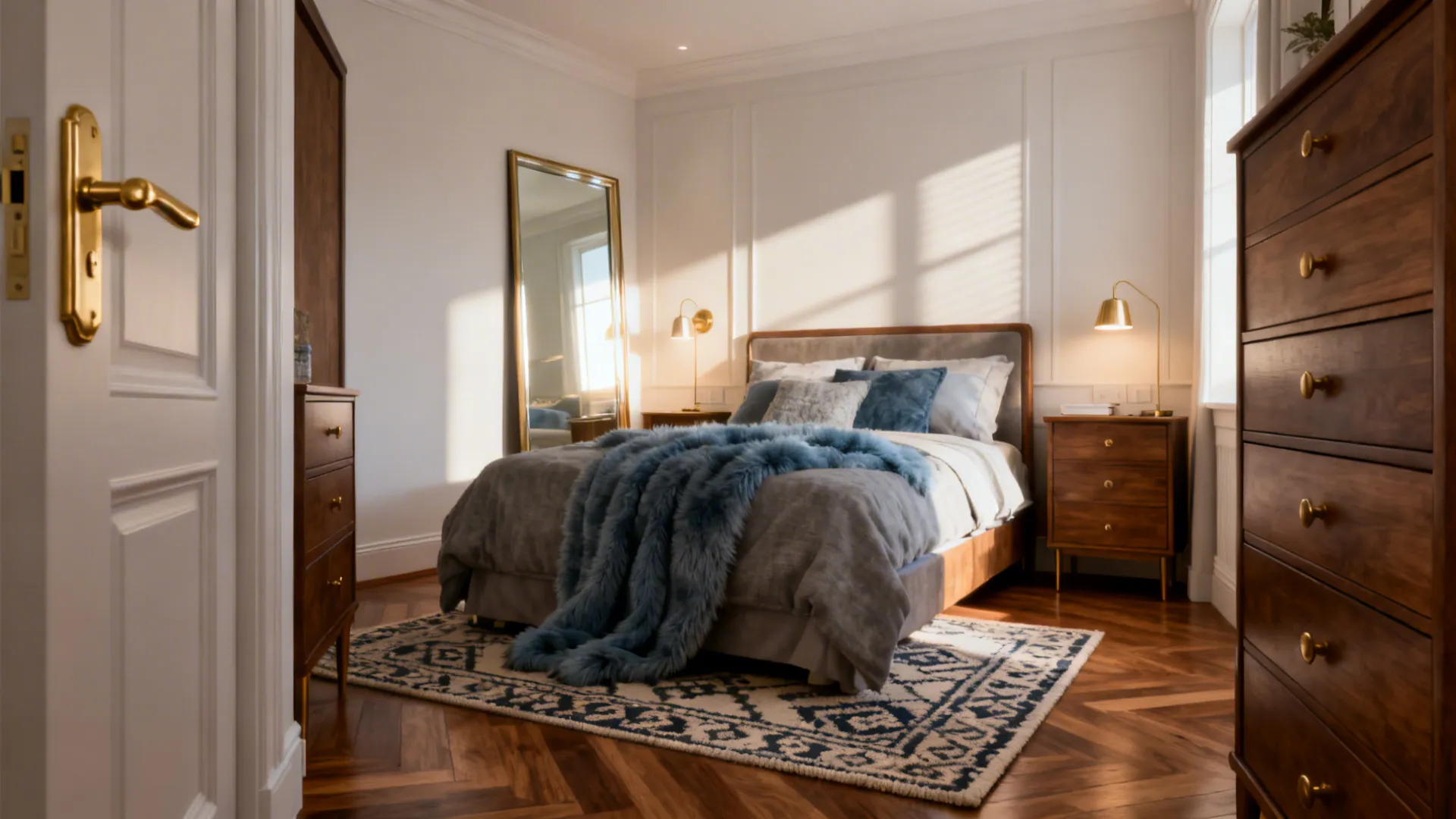 Bedroom vignette showing warm wood, brass, and layered textiles to add warmth to blue-gray palette.