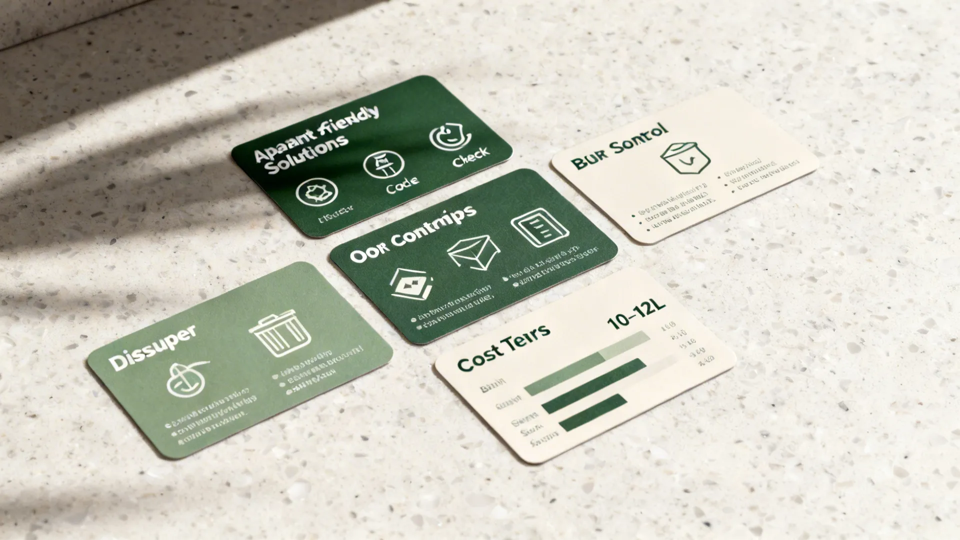 Flat lay of minimalist cards illustrating waste system choices, odors, bin sizes, and costs.