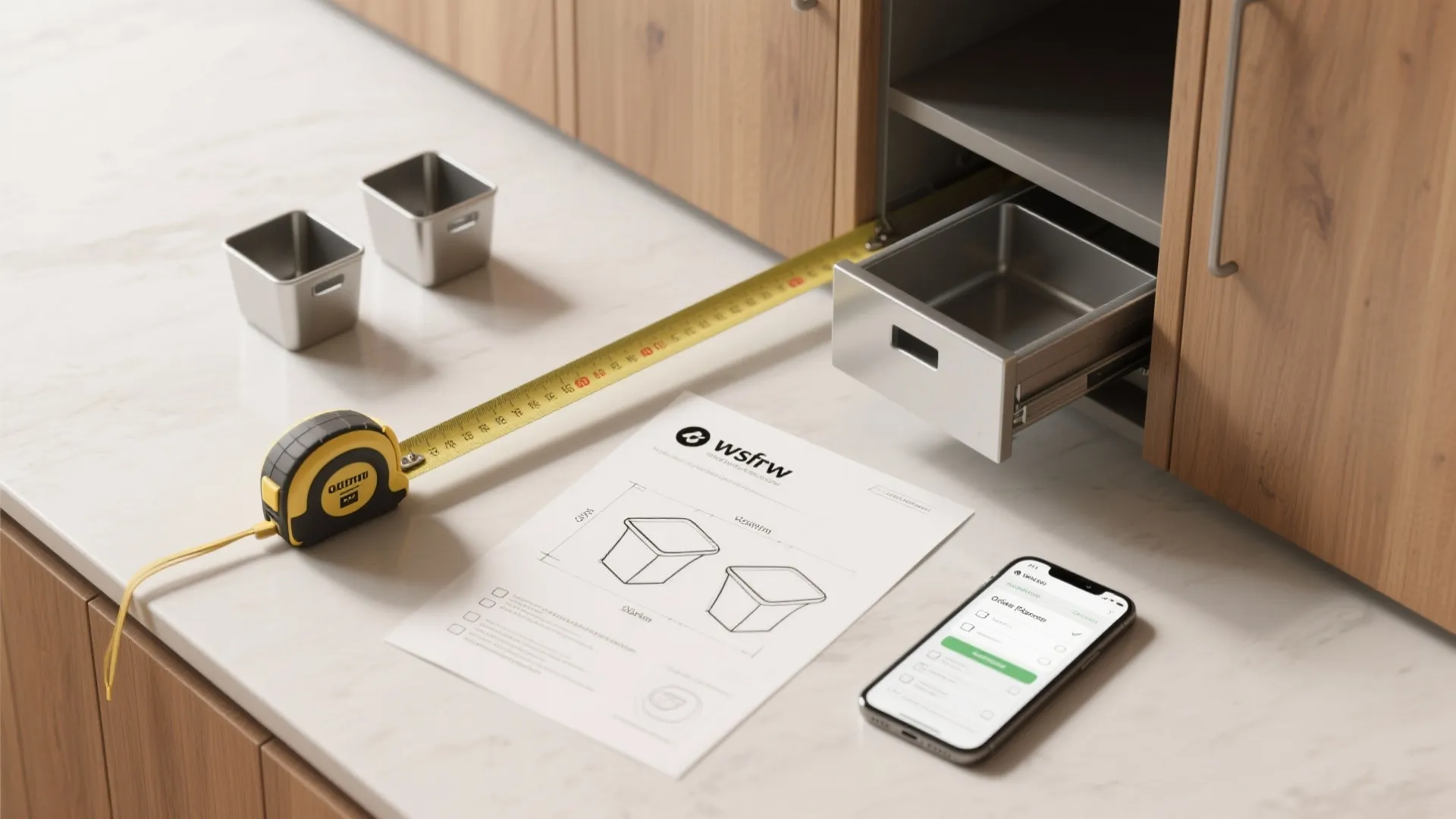 Top-down flatlay of a tape measure, cabinet sketch, bin silhouettes, and a checklist for planning a pull-out trash retrofit.
