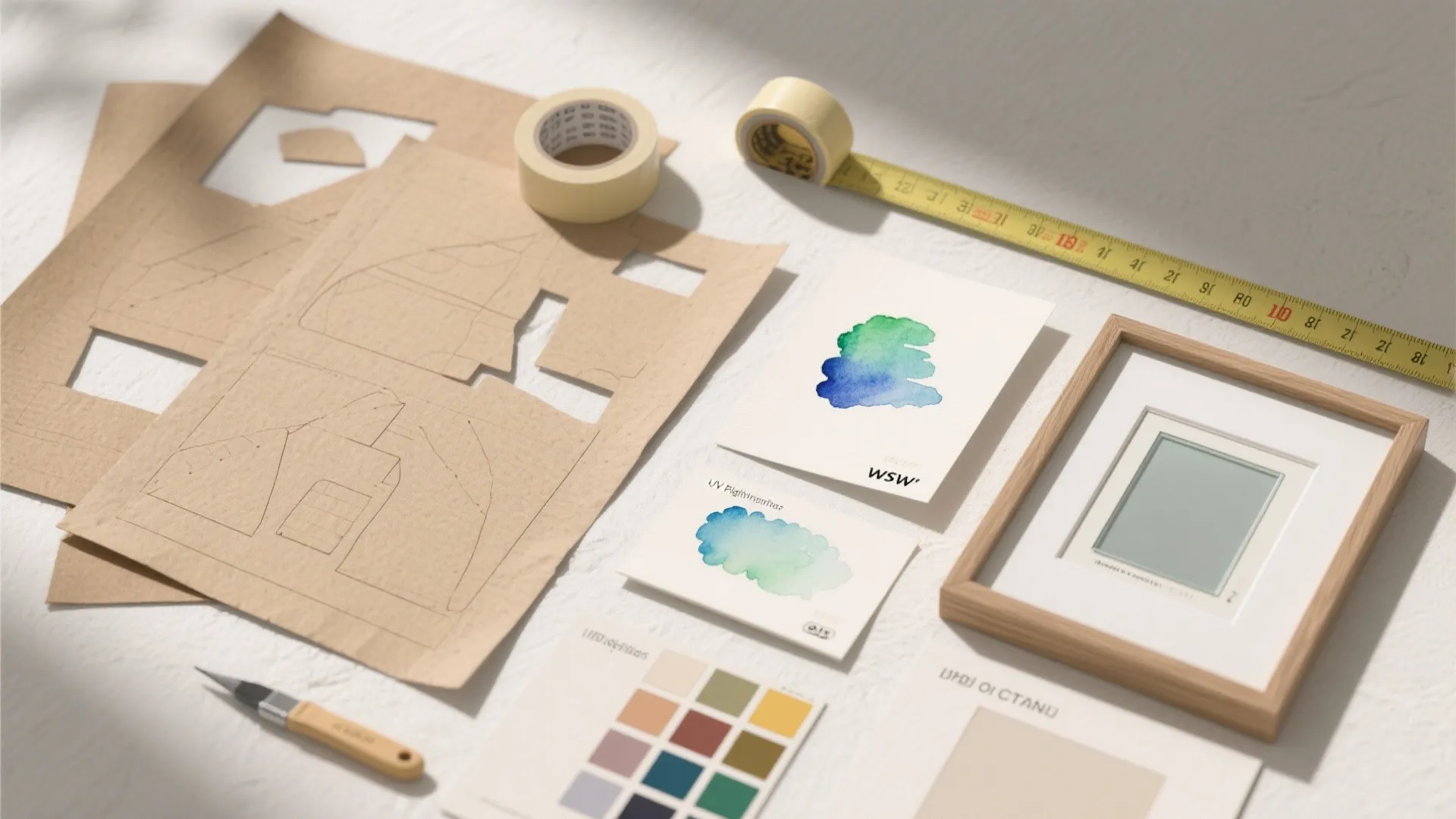 Interior design workspace with paper cutouts measuring tape color palette watercolor swatches and small frame