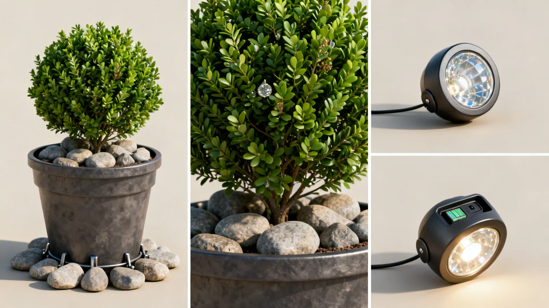 Collection of weatherproof porch decor items: faux greenery, powder-coated accents, shatterproof ornaments, and outdoor-rated battery lights.