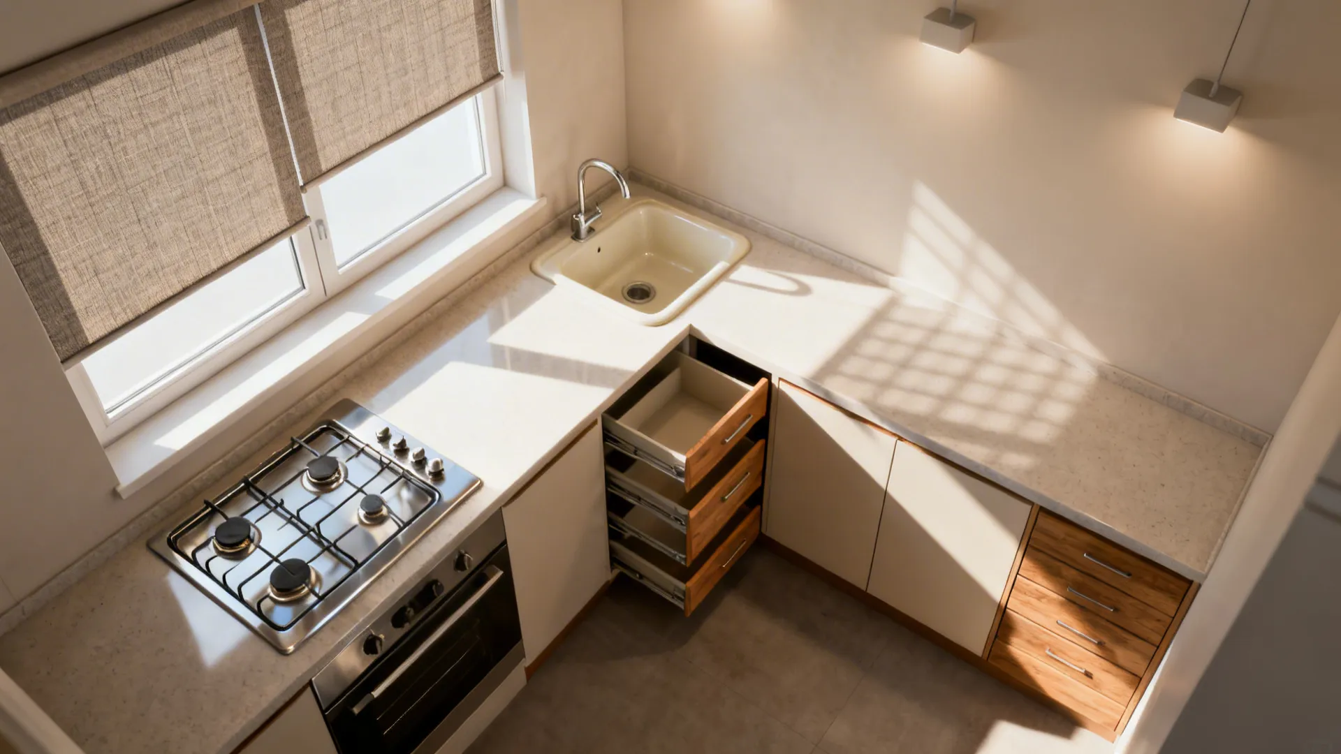 Top-down visual of Vastu-friendly west kitchen zones with warm materials and storage solutions.