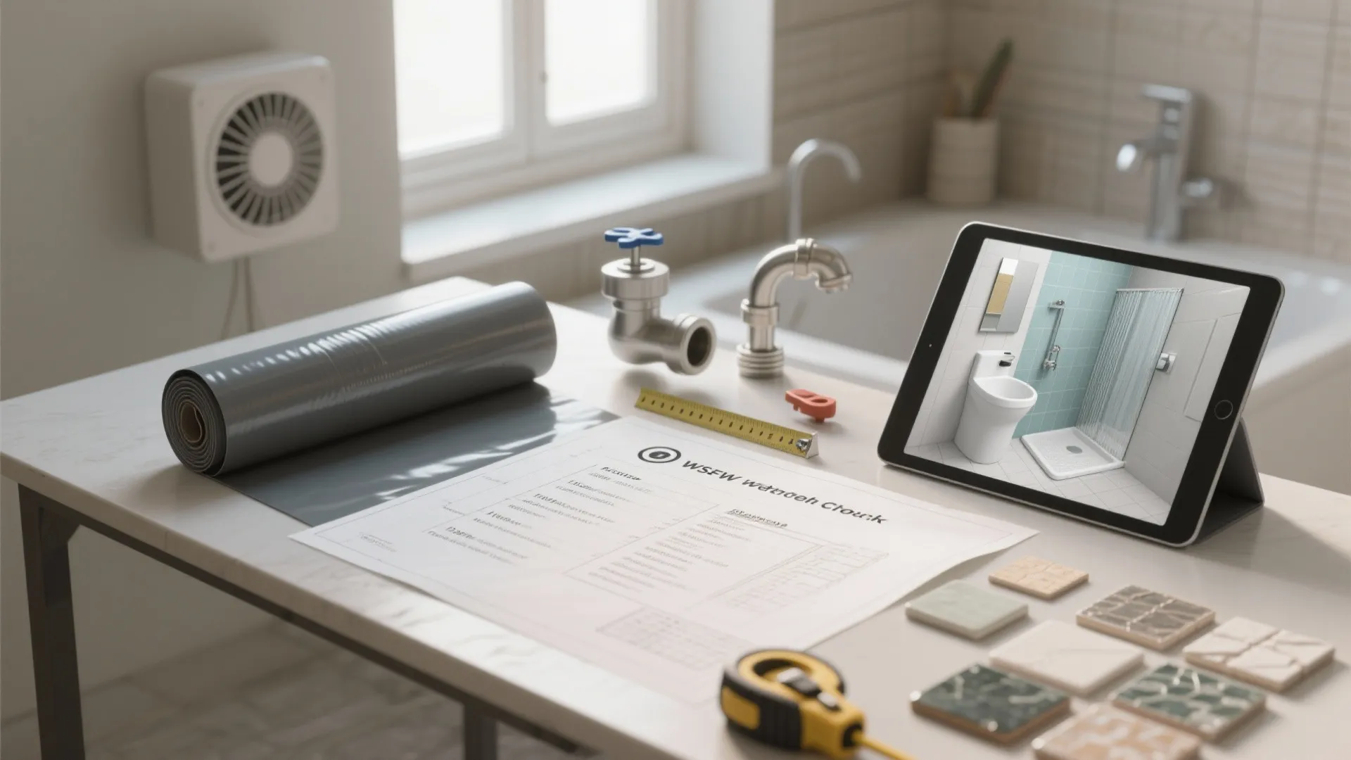 Table with bathroom design plans a tablet showing a shower room and various building tools