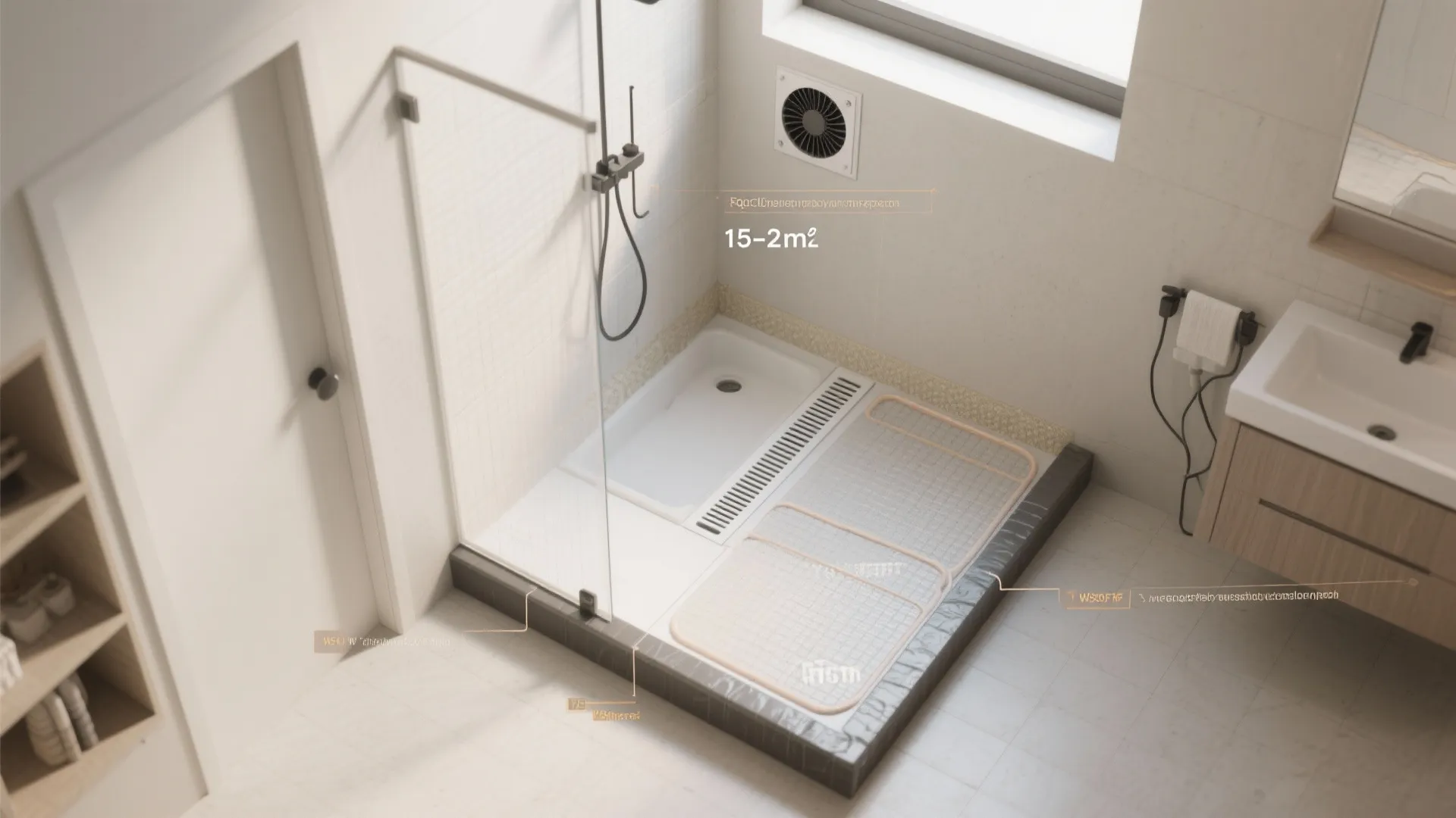 Interior design drawing showing bathroom shower floor layout with labels measurements and water drainage system parts