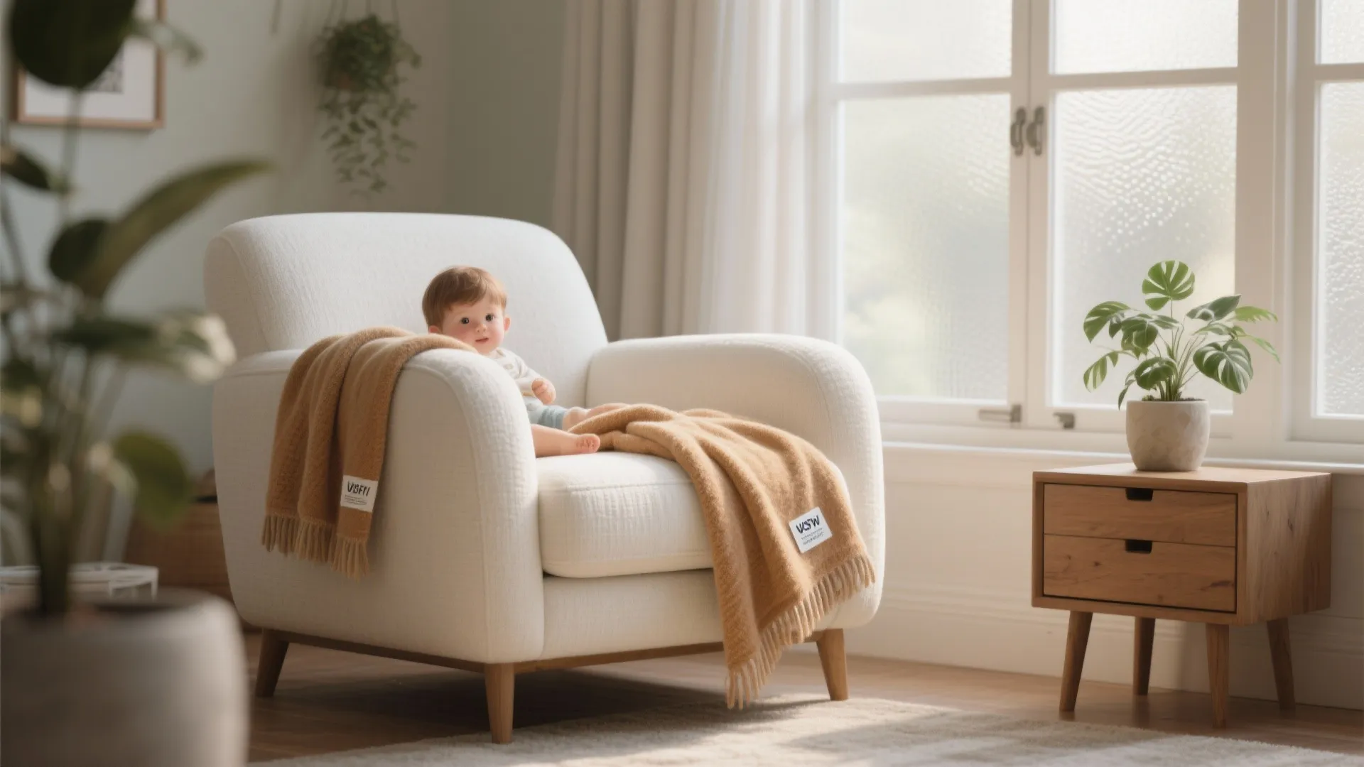 White accent chair with throw and stain-resistant fabric detail near a window with UV film.