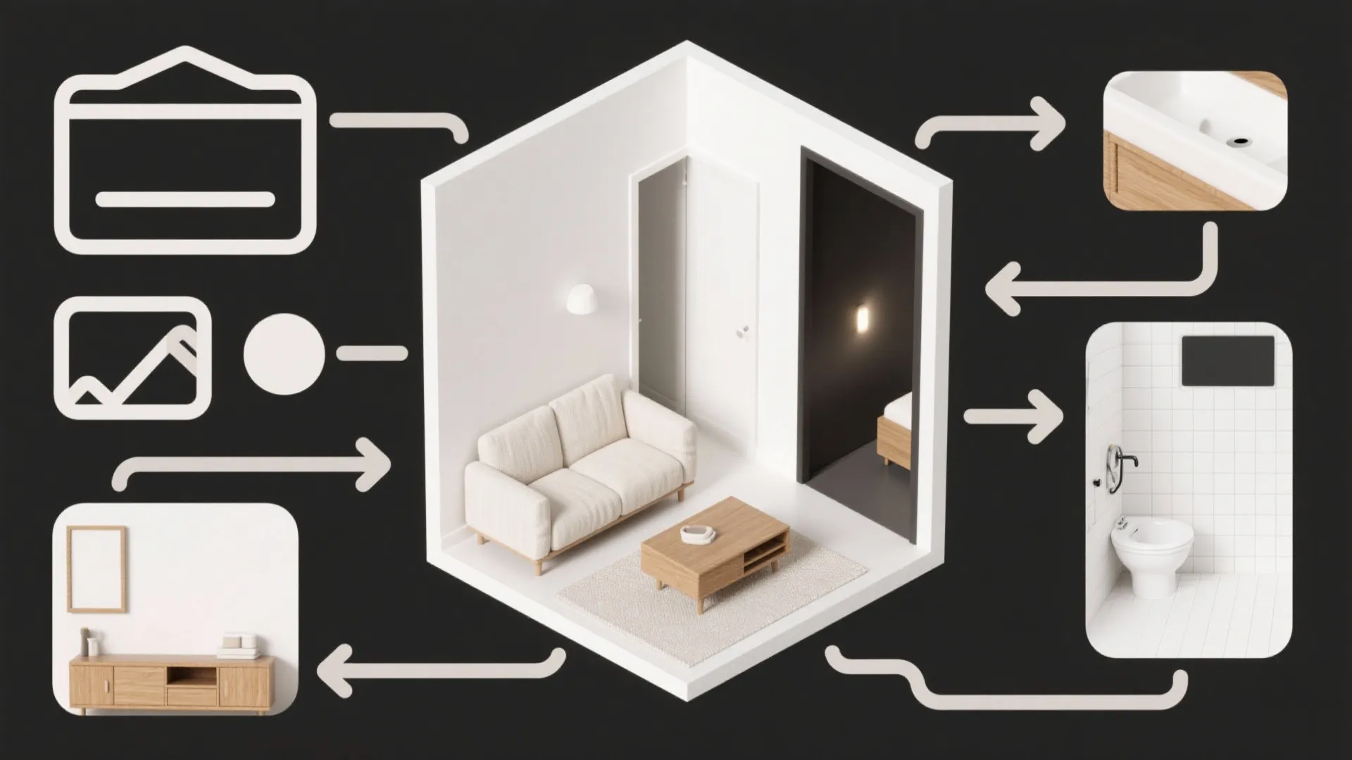 Diagram showing room layout with furniture pieces and bathroom fixtures linked to a 3D interior model