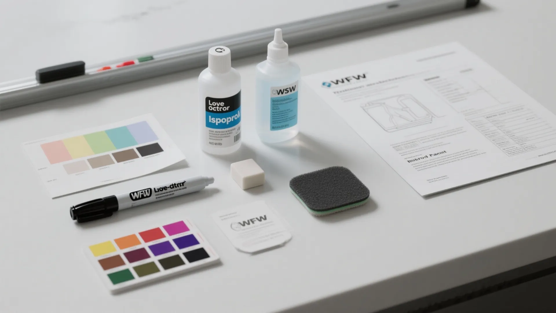 Flatlay of whiteboard supplies and a technical data sheet for paint application guidance.