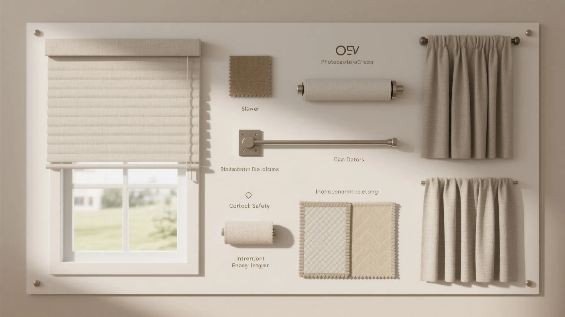Display board showing different types of curtains and fabrics for windows with cream colored walls