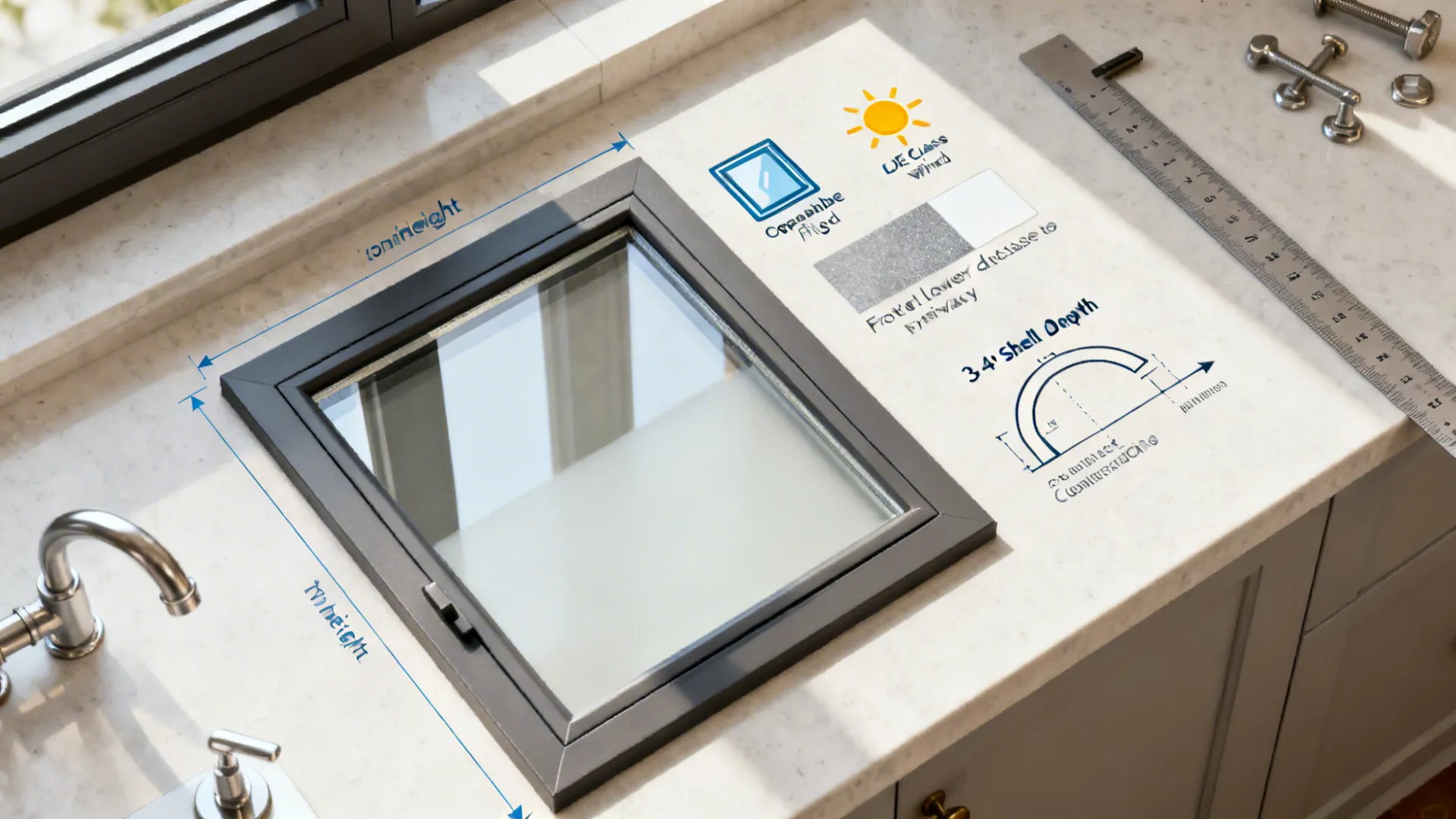 Top-down kit of guides showing window height, operability, glass choice, privacy, shelf depth, and faucet clearance.