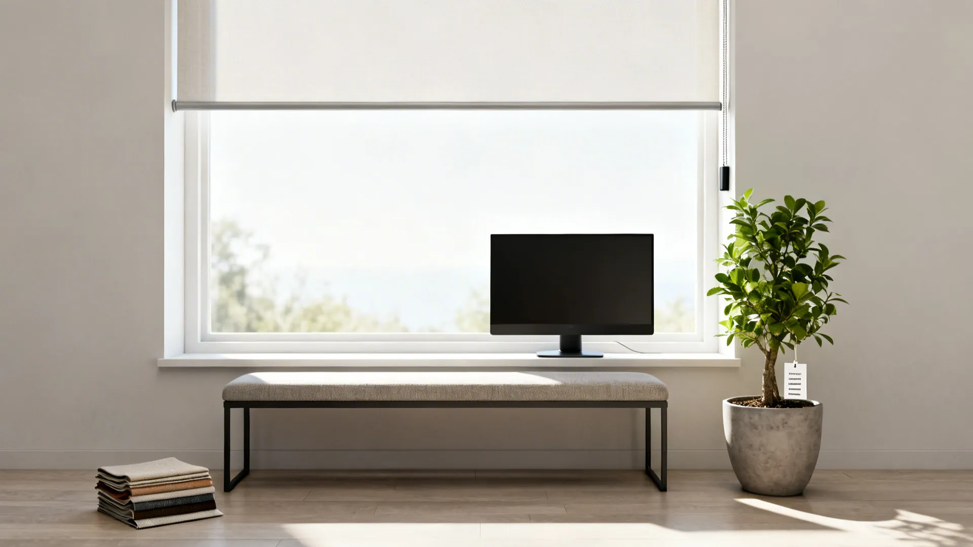 Window-front vignette with a slim bench, plant, roller blind, and upholstery swatches illustrating common FAQs.