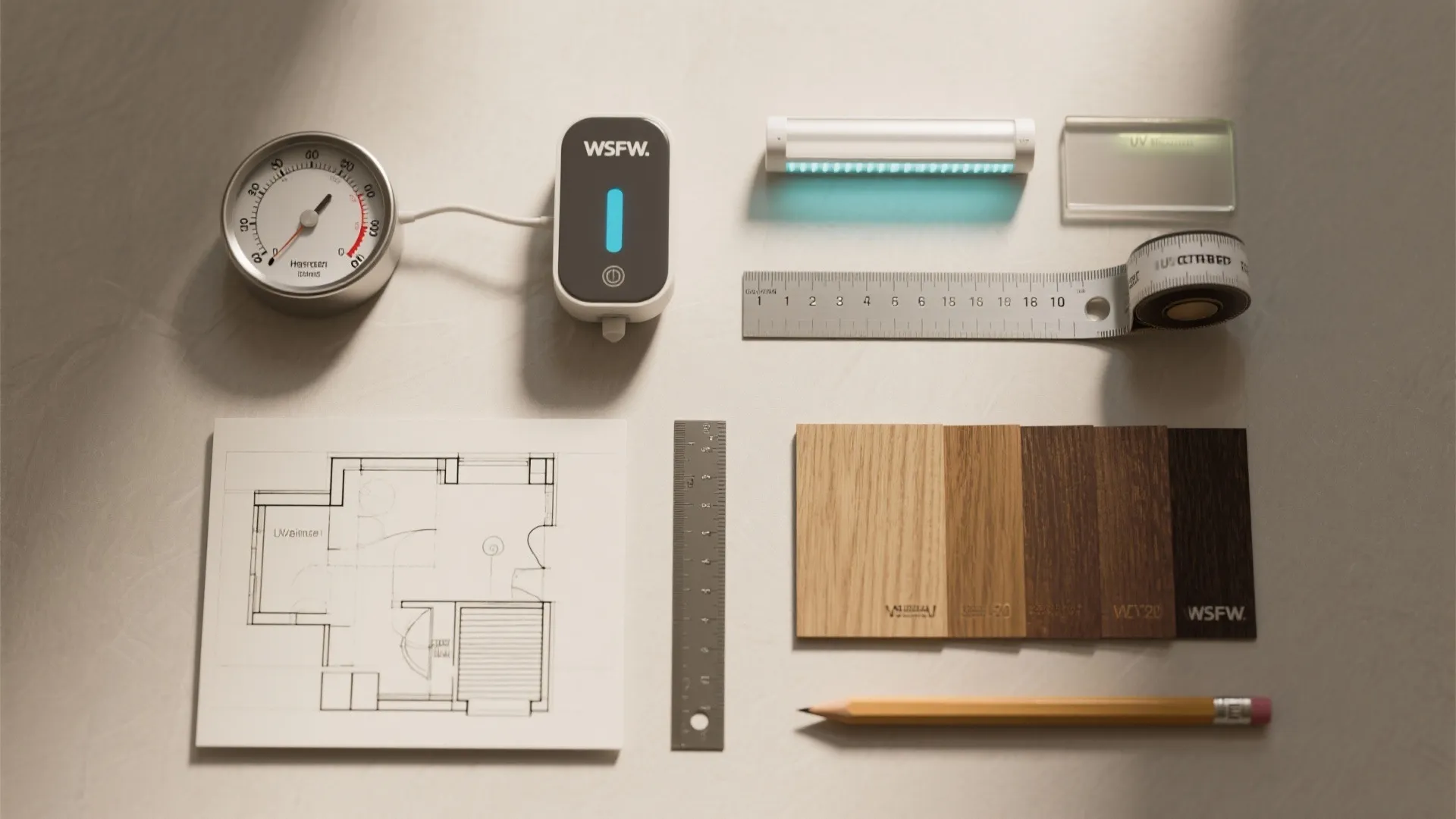 Flat lay of wine storage tools and samples including hygrometer, humidifier, LED strip and swatches.
