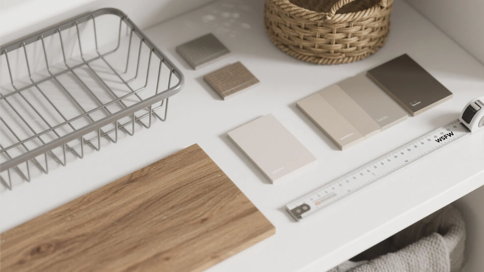 Flatlay of material samples: powder-coated steel, sealed oak plank, woven basket, and neutral paint chips.