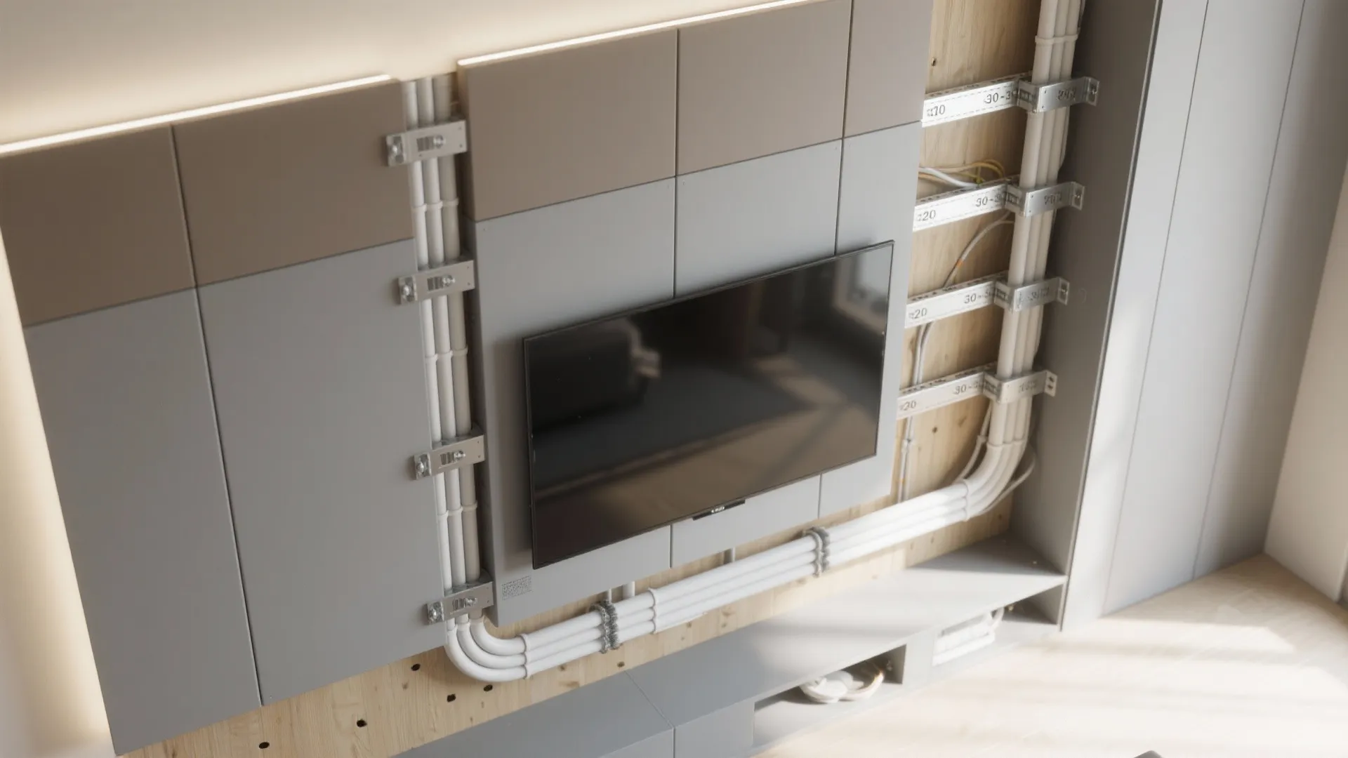 Interior design drawing showing white pipe lines hidden behind grey wall panels for home wiring