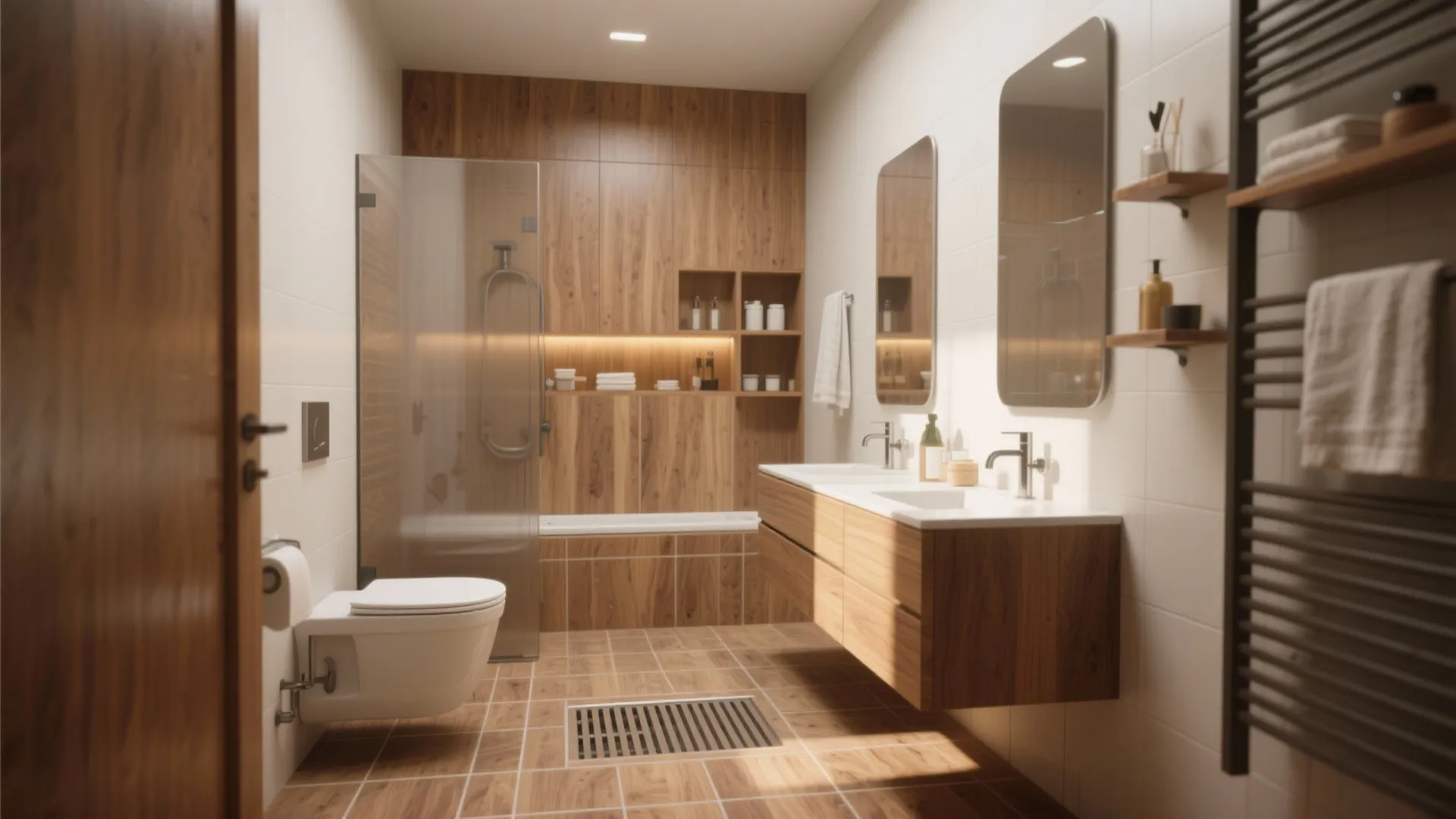 Spacious bathroom with wood wall panels double sink cabinet glass shower and wall hung toilet