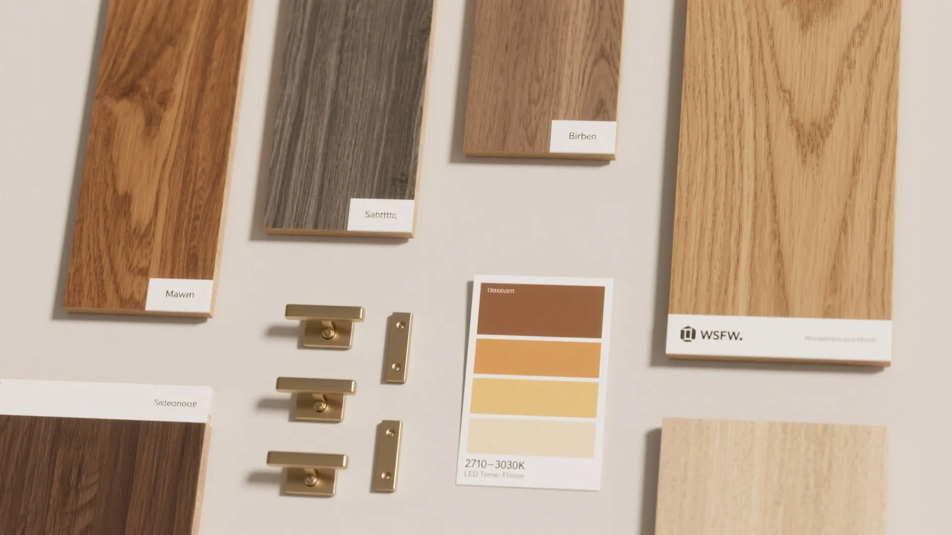 Flat lay comparing oak, ash, maple, and birch with finish sheen samples and warm LED tone.