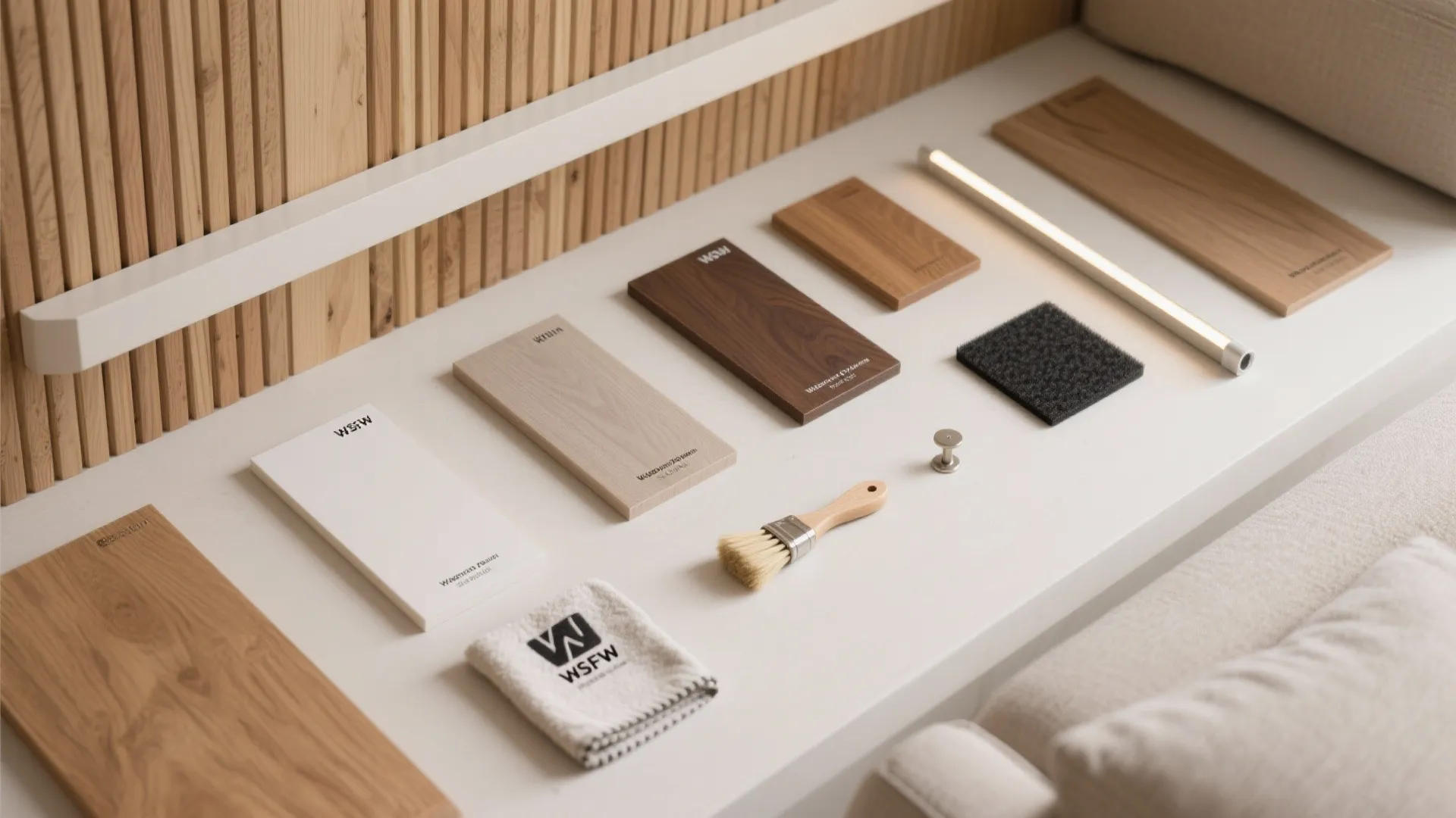 Different wood flooring samples and interior design materials organized on a white desk with brush