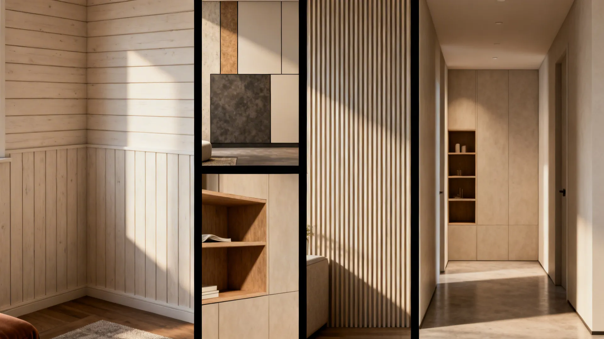 Collage of wood accent wall options: horizontal, vertical, mixed panels and partial shelving.