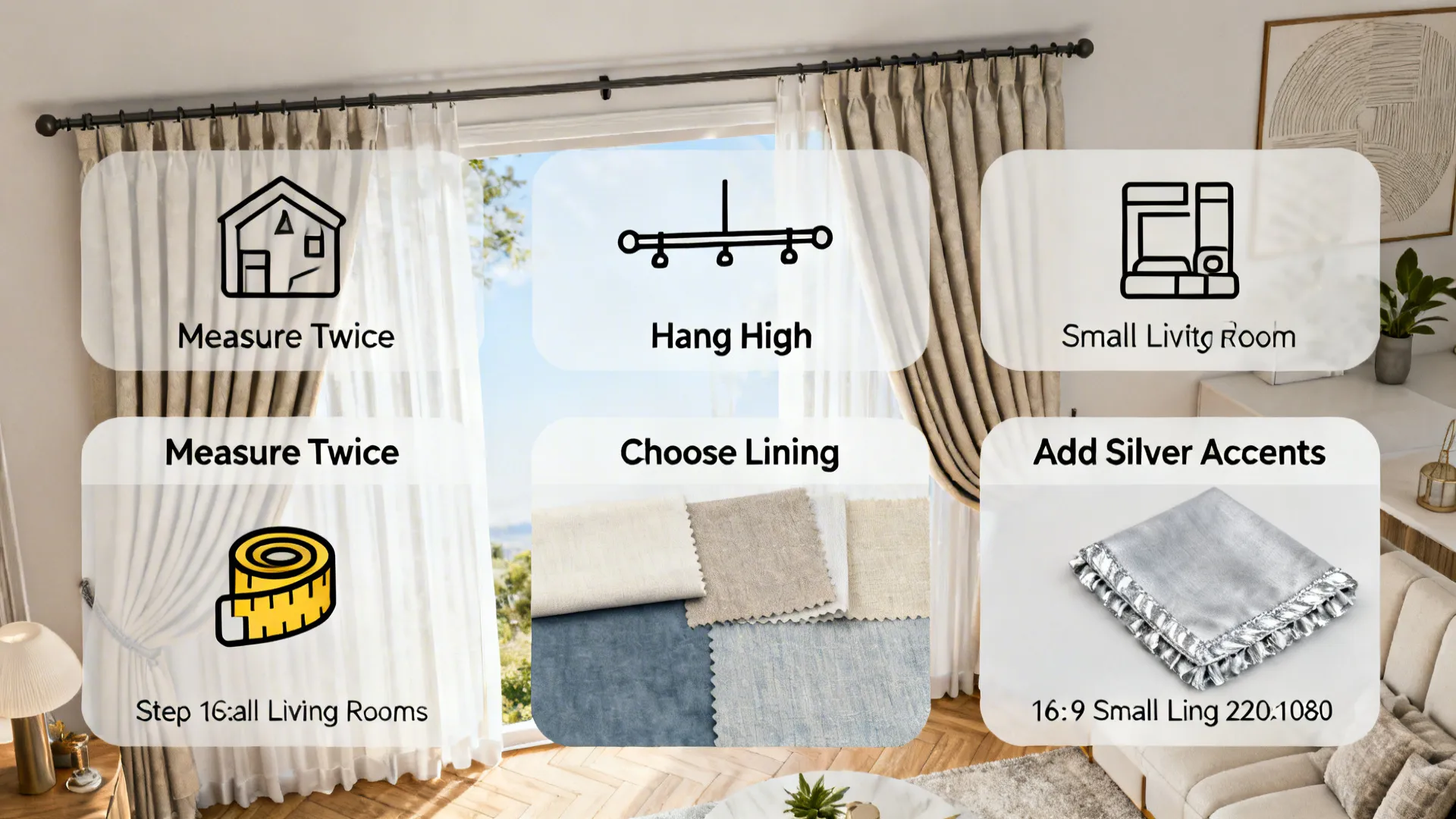 Graphic showing interior design tips for living rooms with measuring tools and fabric color swatches