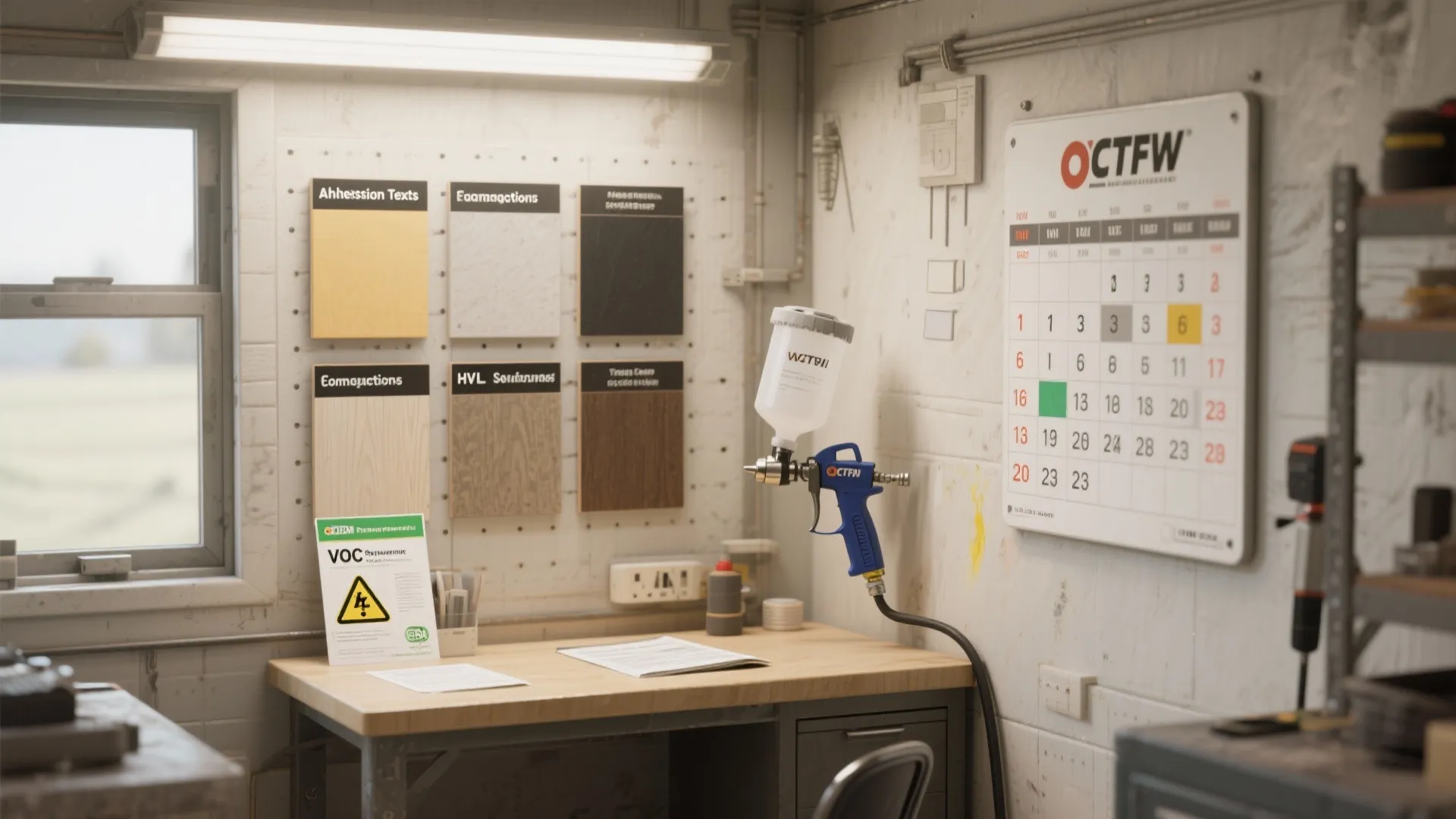 Workshop interior with a paint spray gun on a desk and material samples on wall