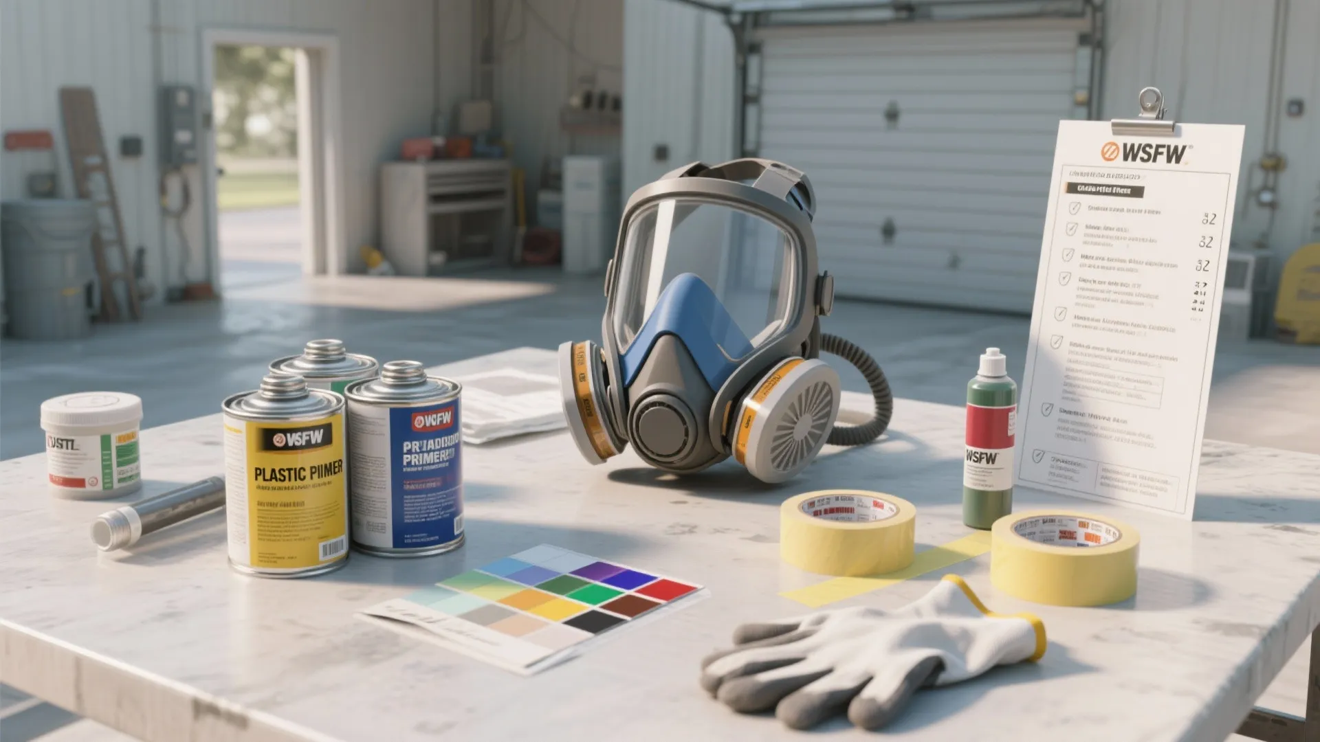 Well-ventilated workshop with respirator, paint cans, and swatches for safe spraying.