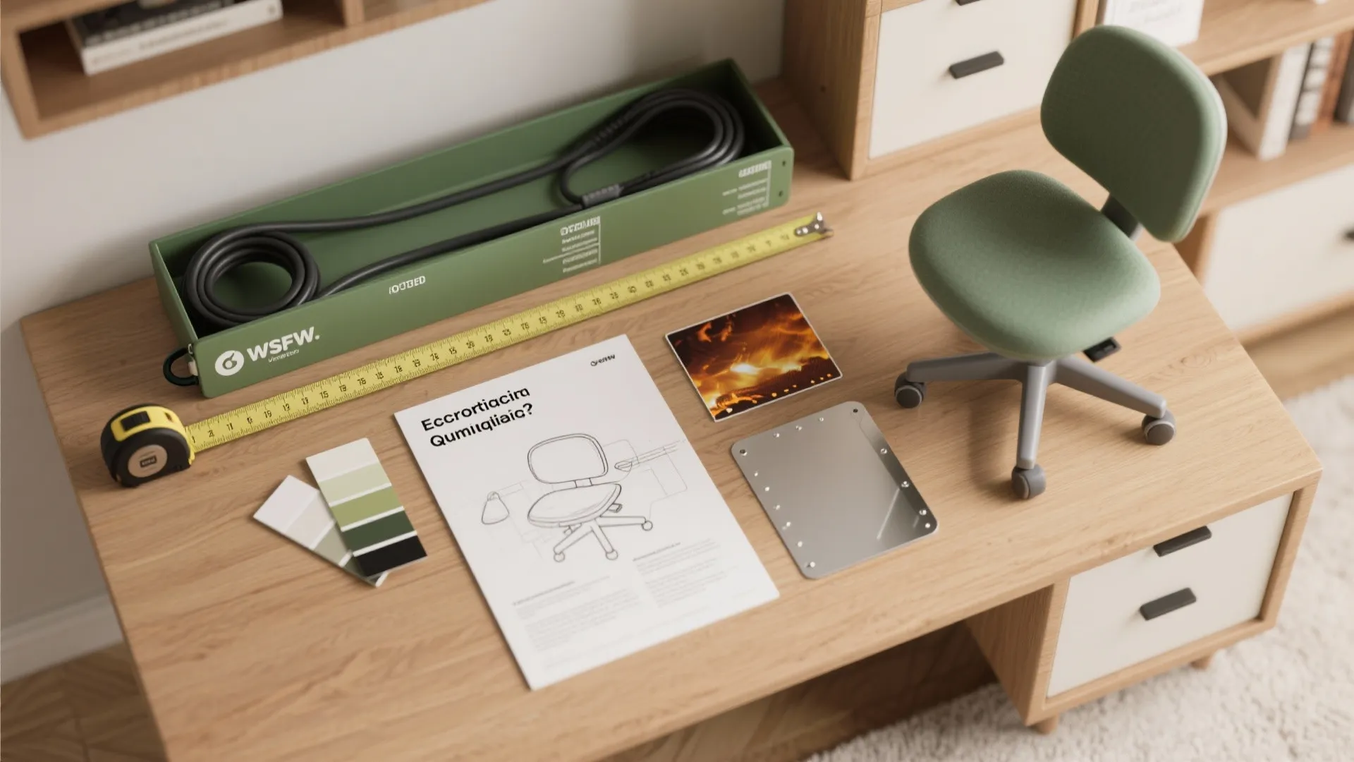 Wooden desk showing interior design planning tools with tape measure color swatches and green chair
