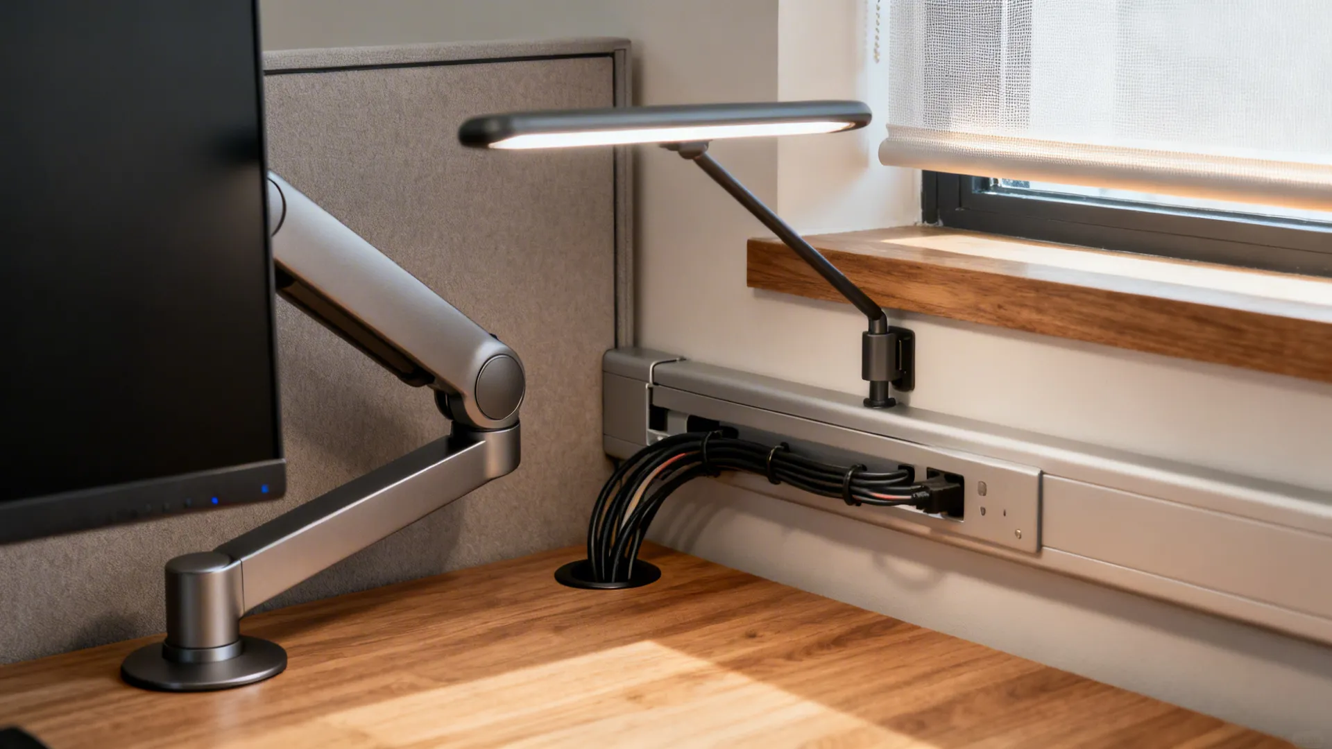 Macro of a workstation with monitor arm, cable management, task light, and microprismatic blind.