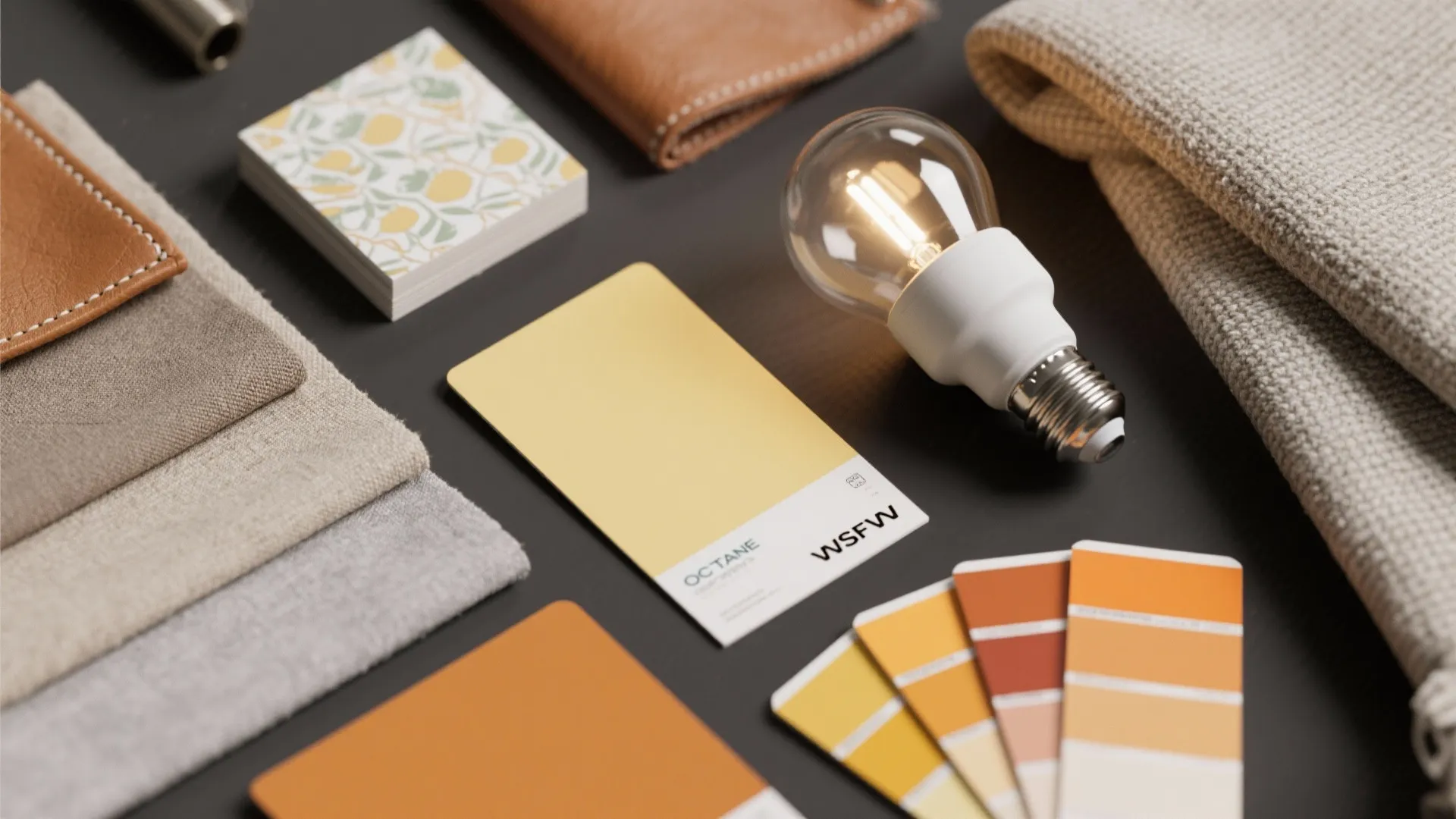 Interior design mood board with color samples yellow paint card fabric swatches and light bulb