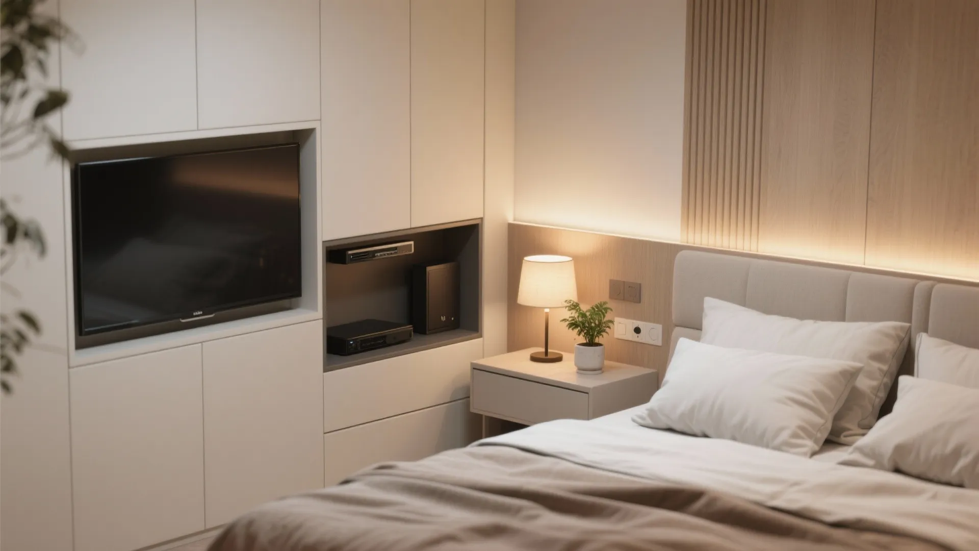 Modern bedroom with built in white cabinet housing a television next to a bedside table