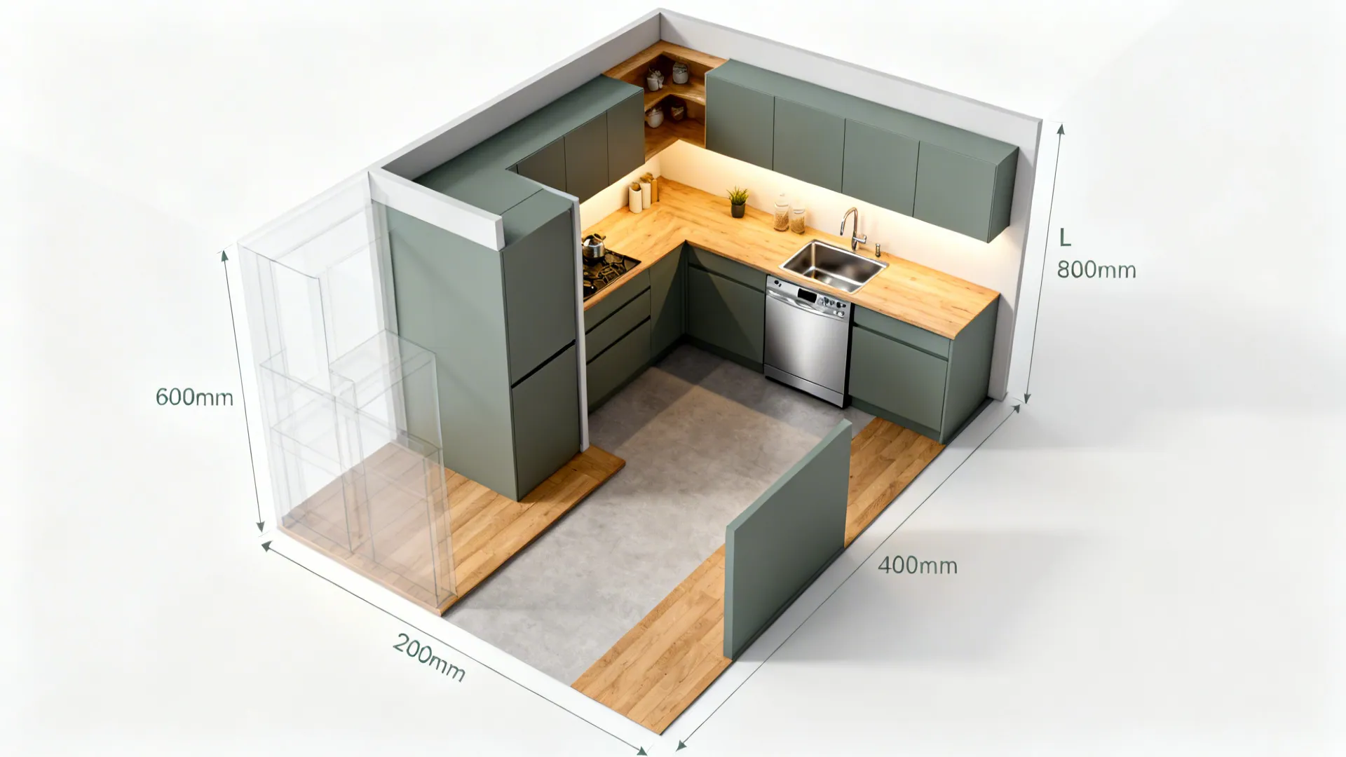 Top-down visual of compact kitchen layouts showing zones, landing areas, and dishwasher placement.
