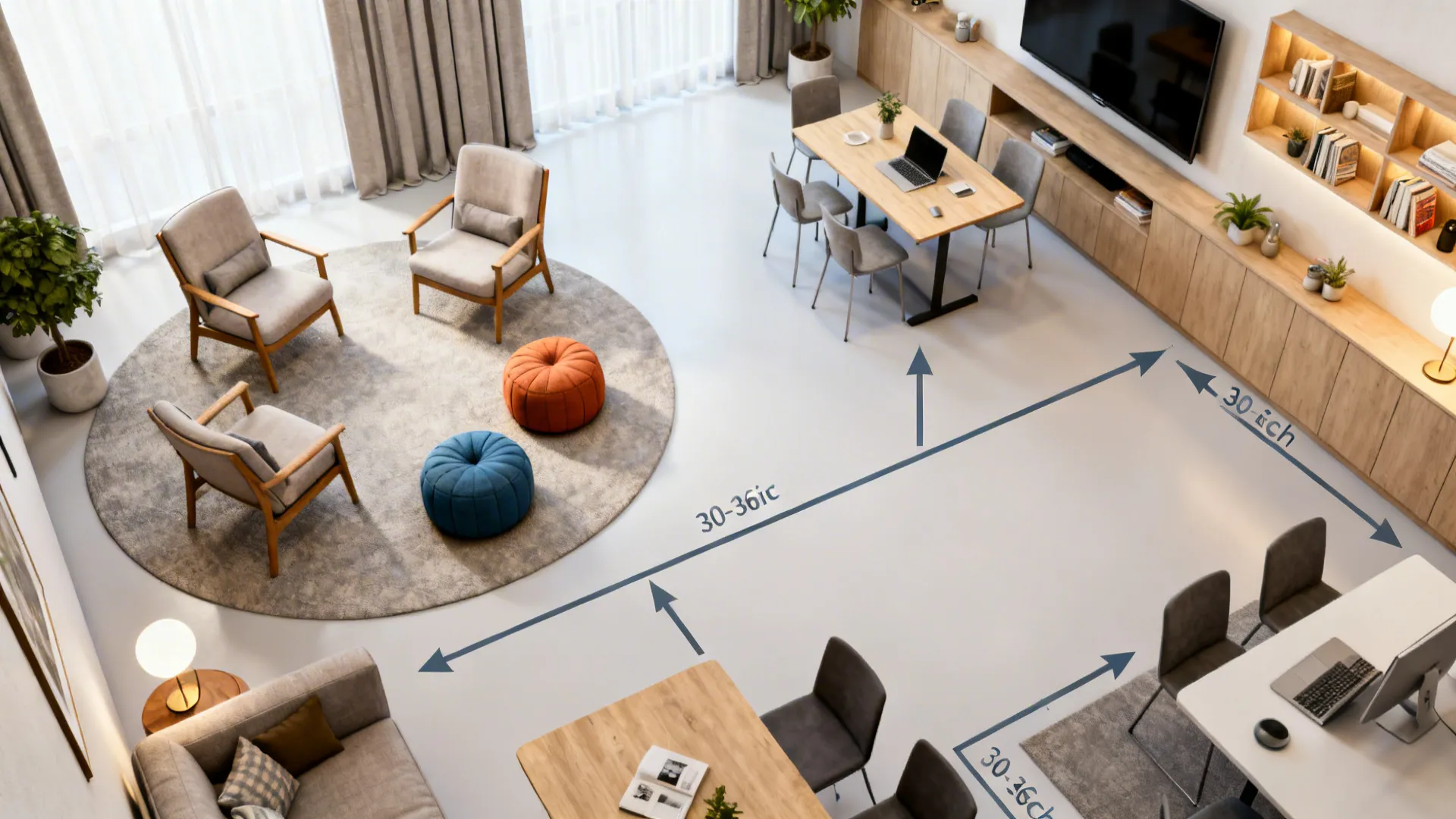 Top-down zoning plan with lounge, work, and media areas and clear circulation in a sofa-free room.