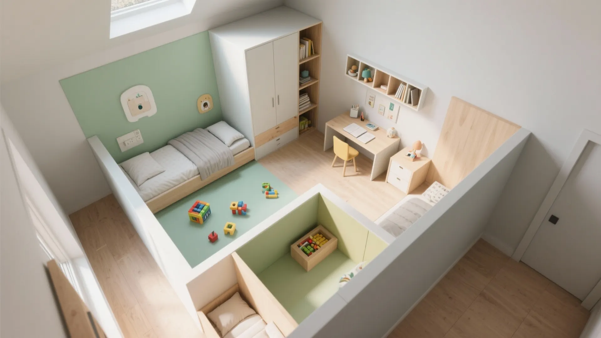 Top view interior design drawing of a kids bedroom layout with beds wardrobe and study desk