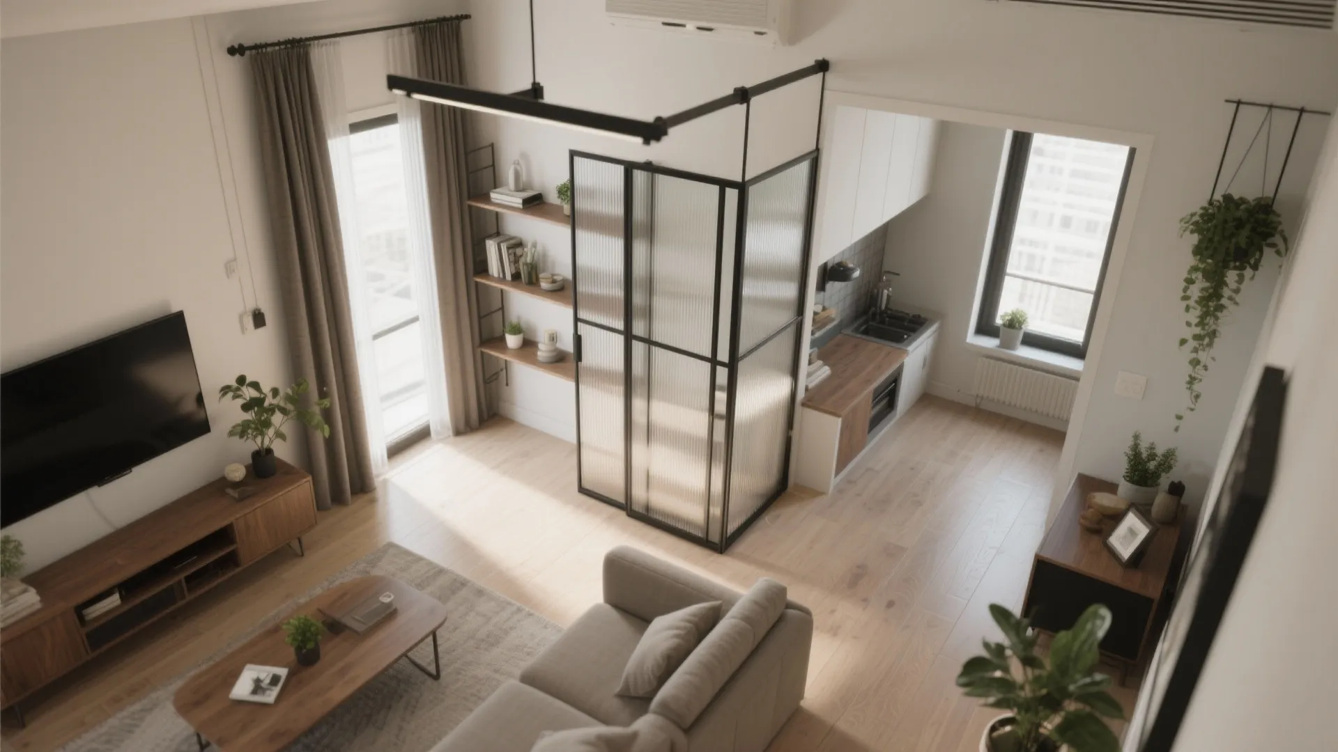 Modern apartment interior design drawing with open living room grey sofa wooden floor and kitchen area