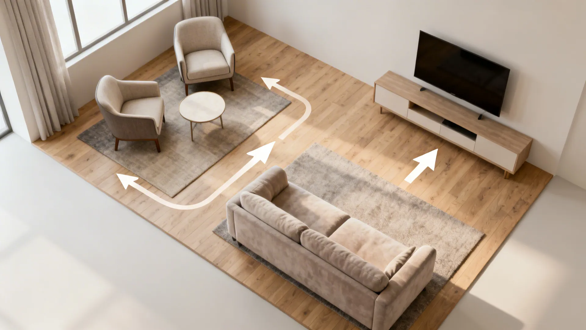 Top-down view illustrating a conversation nook and a lounge zone in one small living room.