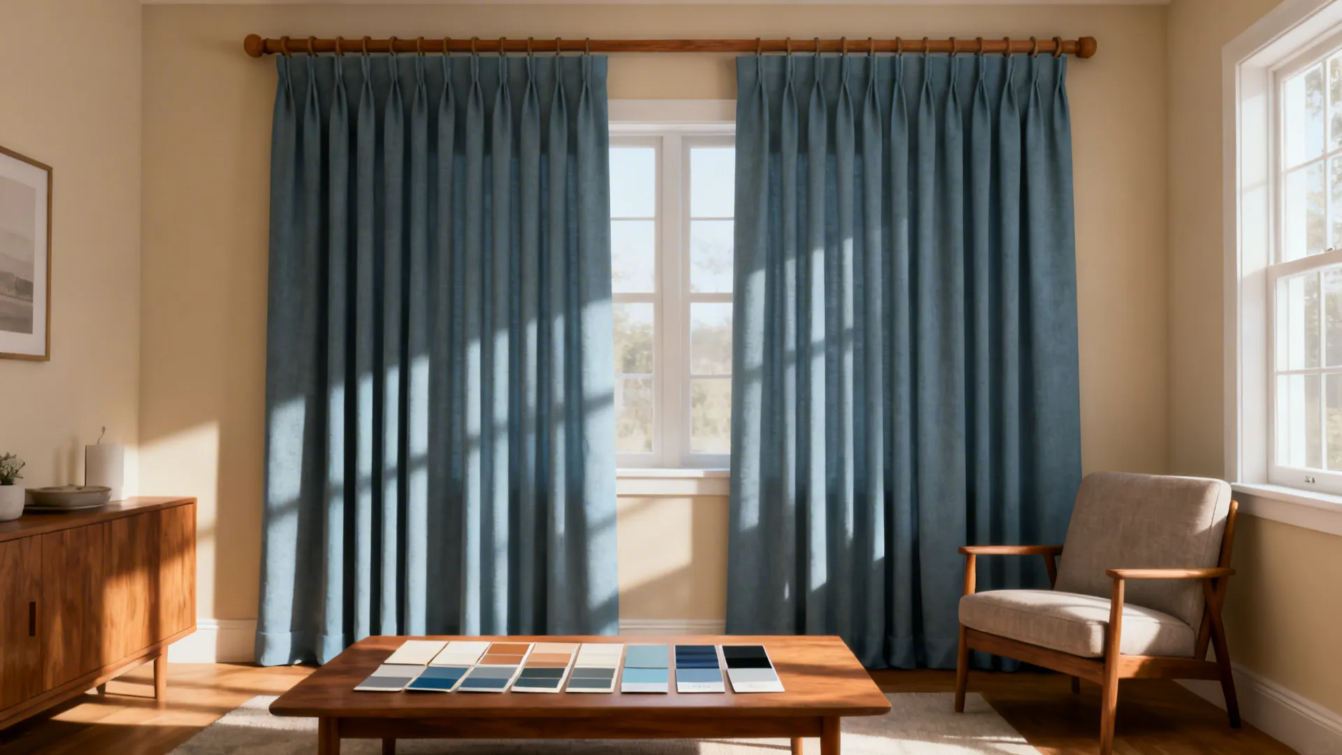 Small living room vignette showing dusty blue curtains, warm wood furniture and fabric swatches for FAQ visuals.