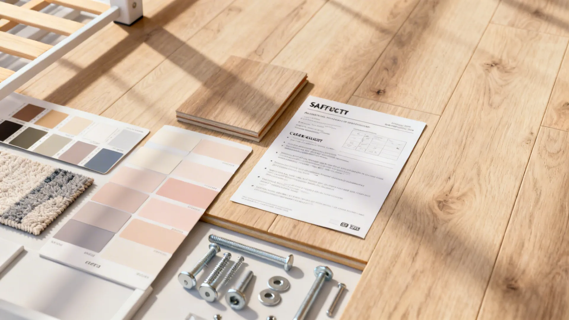 Color swatches, flooring sample and safety checklist illustrating FAQ guidance for small bedrooms
