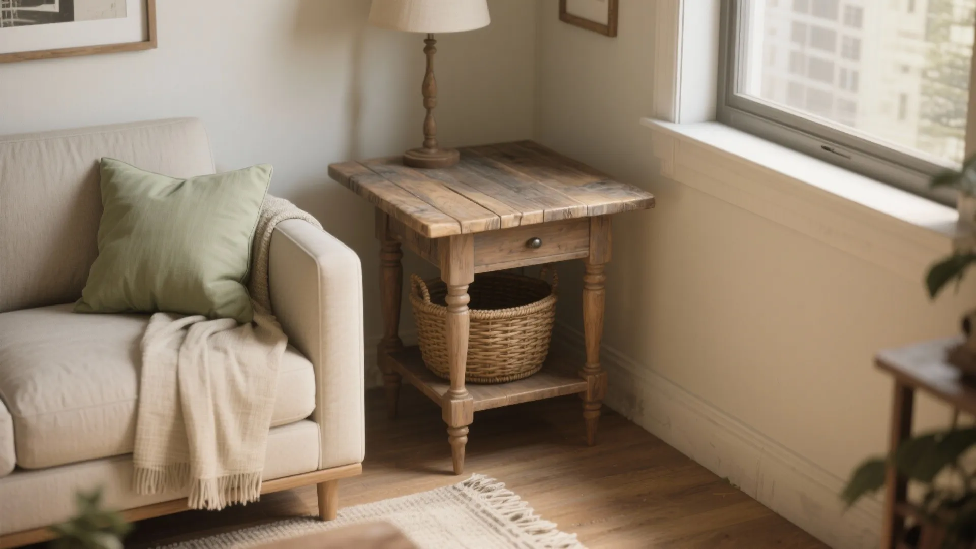Rustic wooden end table beside a white sofa with green pillow and lamp in sunlight