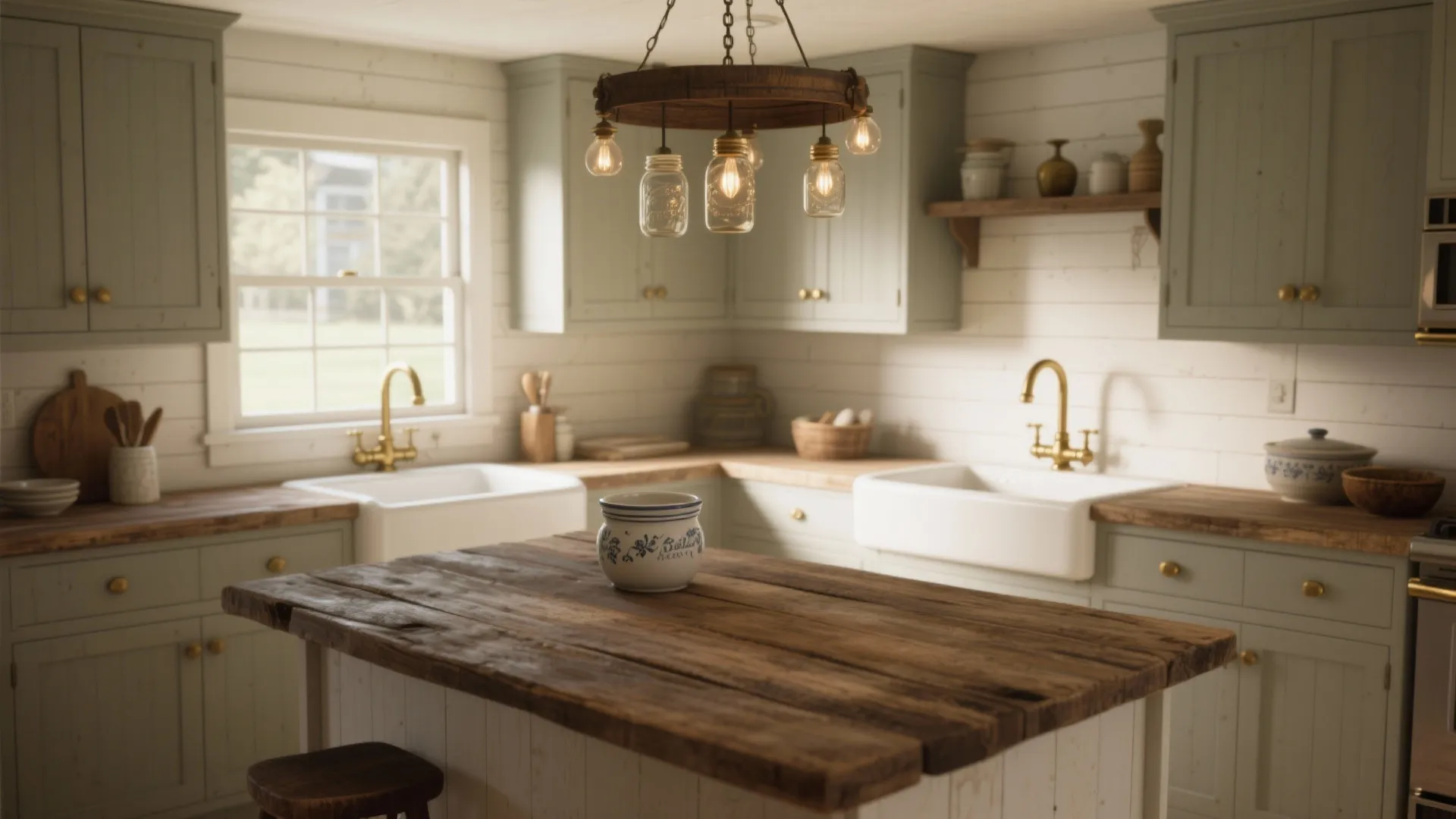 Farmhouse kitchen with green cabinets wooden island white sinks brass faucets and round ceiling light