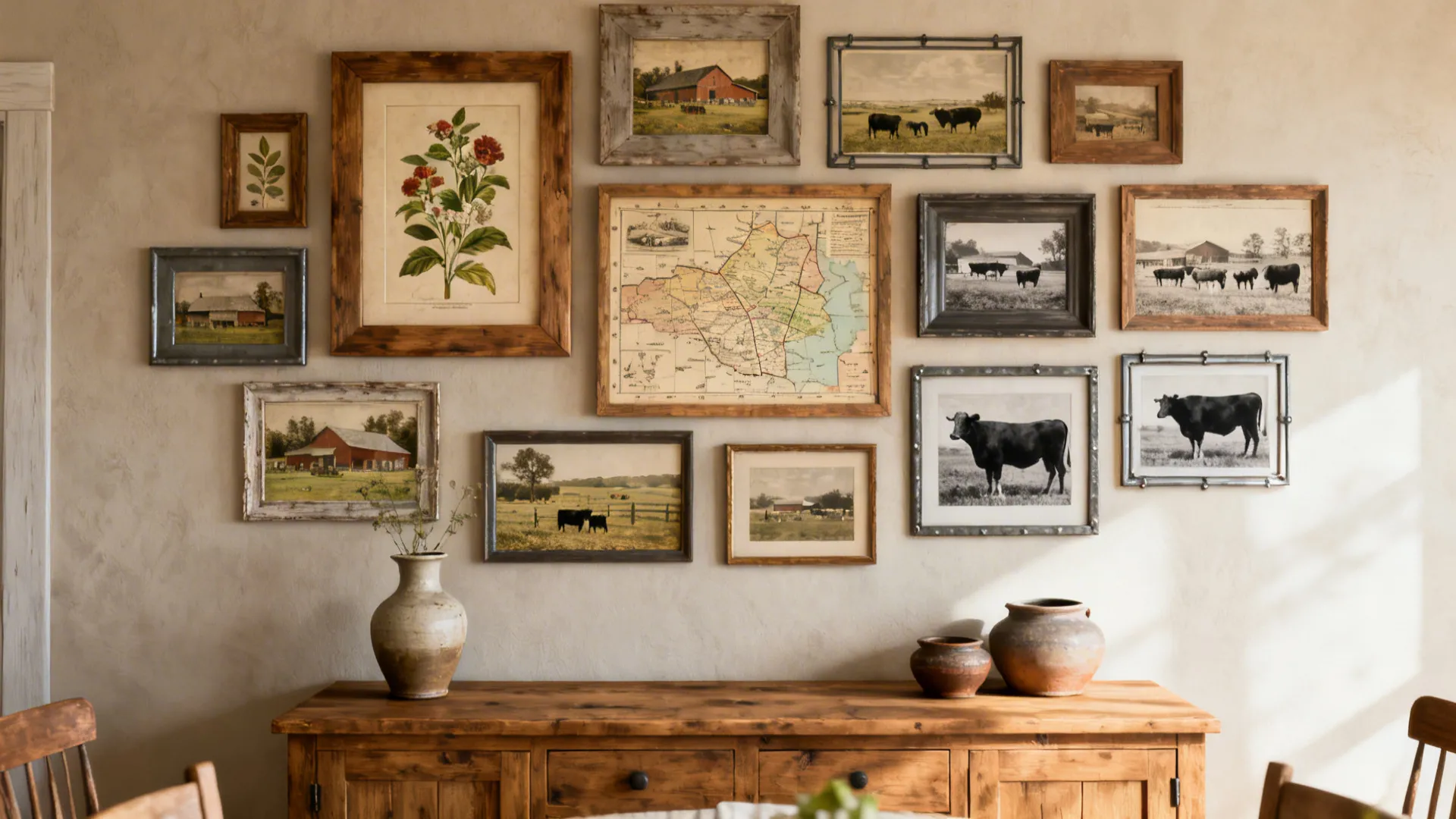 Gallery wall of mixed frames with botanical prints, farm maps, and black-and-white livestock photos above a wooden sideboard.