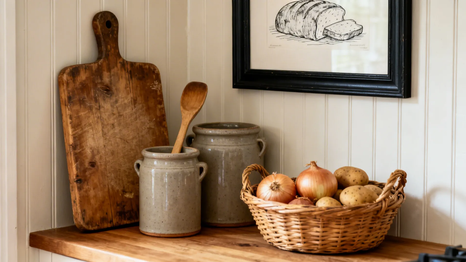 Countertop vignette with a vintage breadboard, stoneware crocks, woven produce basket, and a black-framed line drawing.
