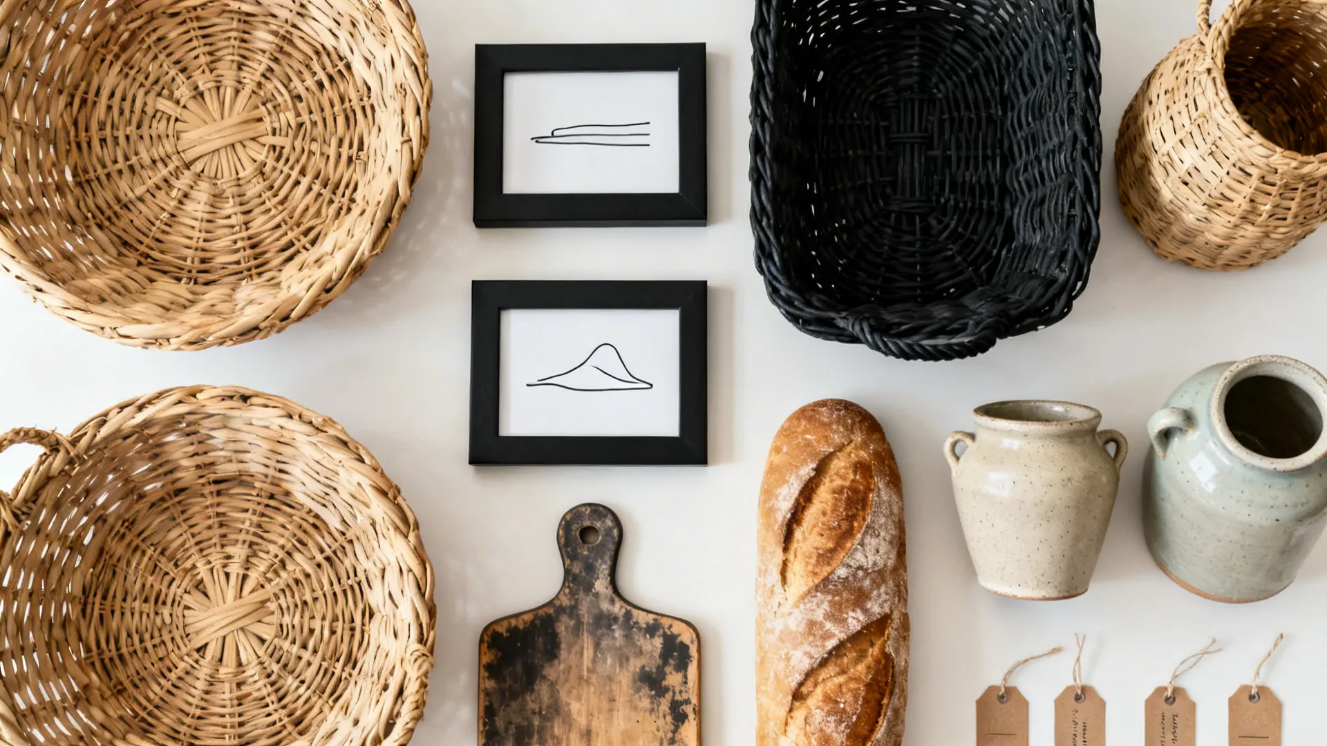 Flat lay of woven baskets, black frames with line art, a vintage breadboard, and neutral stoneware crocks.